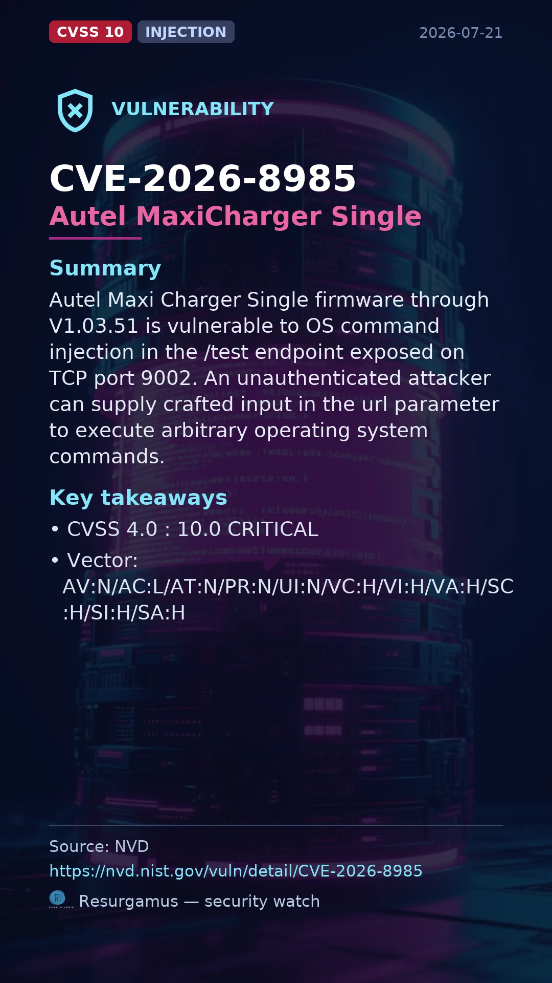CVE-2026-8985 Autel MaxiCharger Single Vulnerability