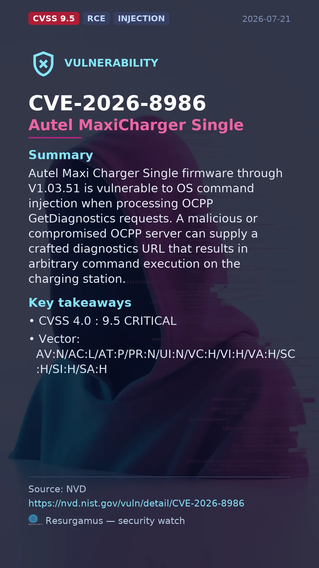 CVE-2026-8986 Autel MaxiCharger Single Vulnerability