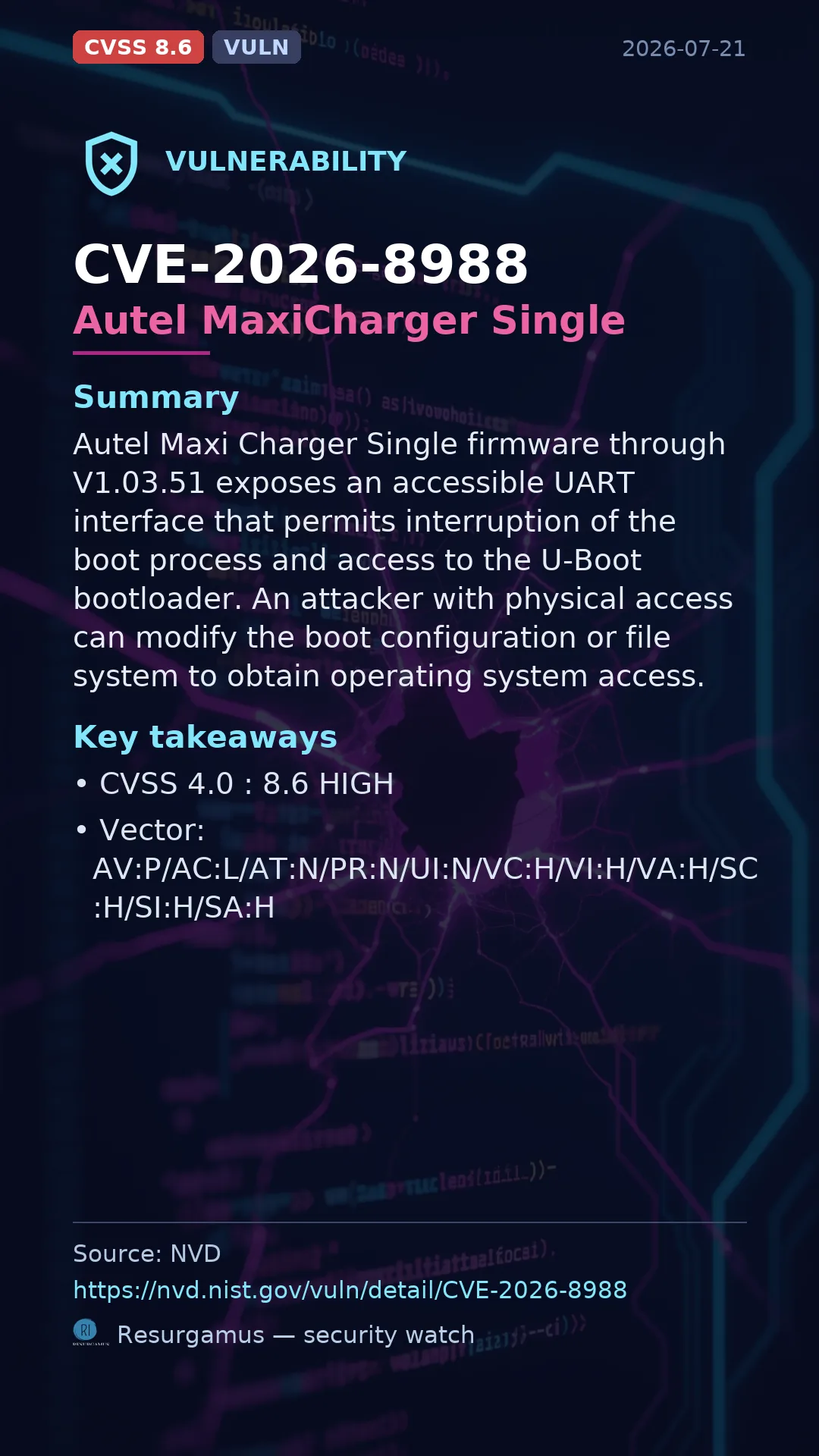 CVE-2026-8988 Autel MaxiCharger Single Vulnerability