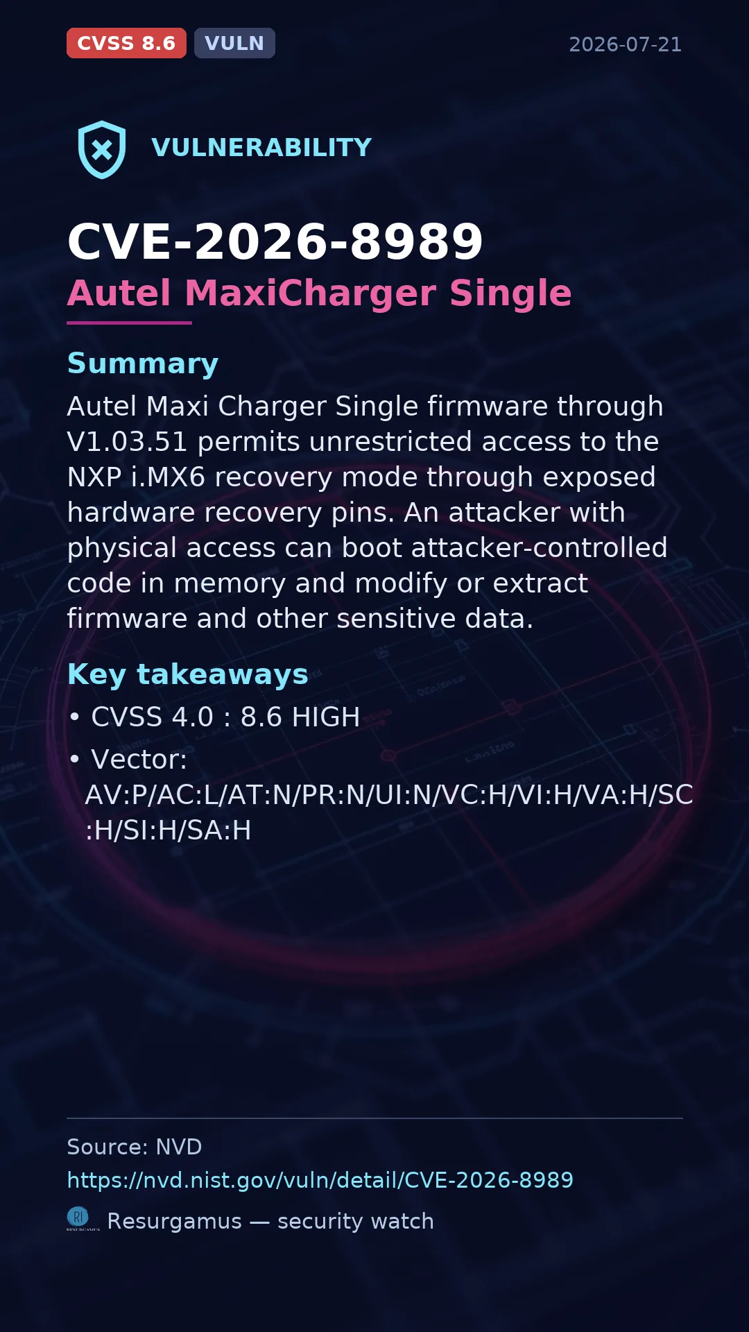 CVE-2026-8989 Autel MaxiCharger Single Vulnerability