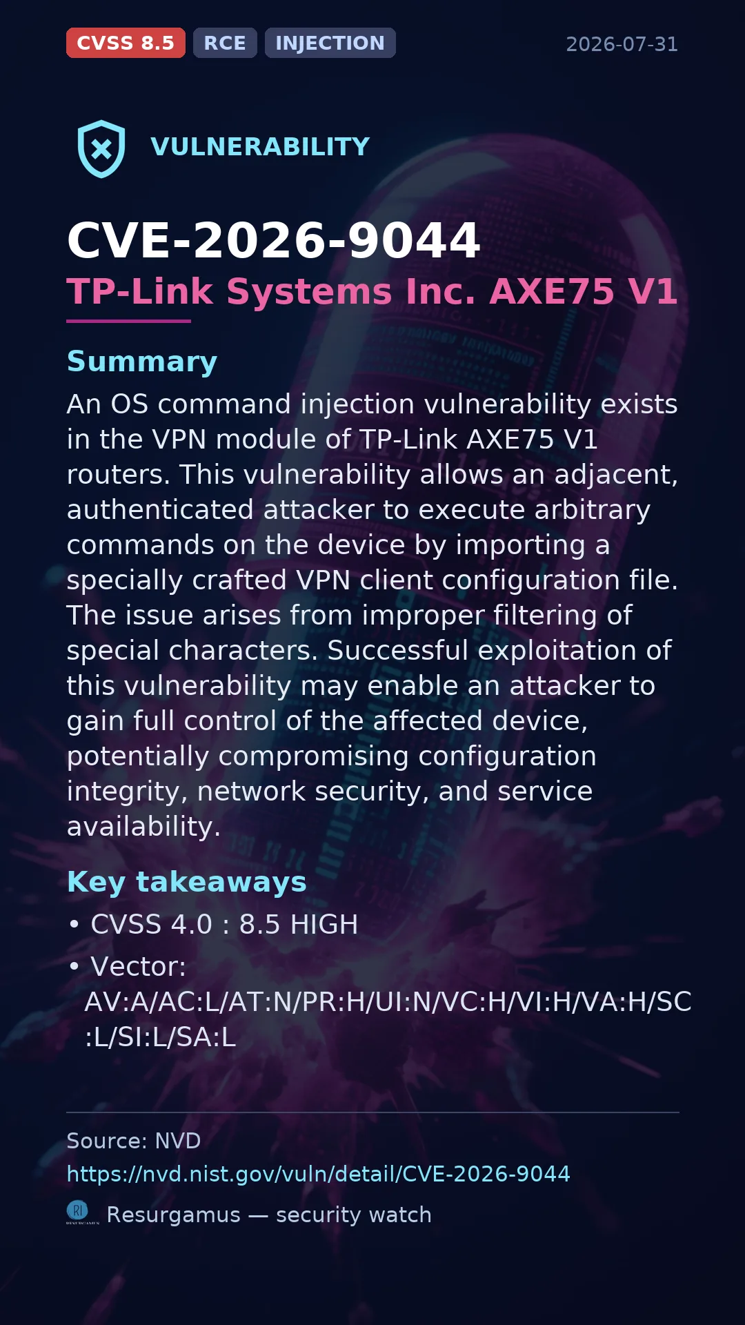 CVE-2026-9044 TP-Link Systems Inc. AXE75 V1 Vulnerability