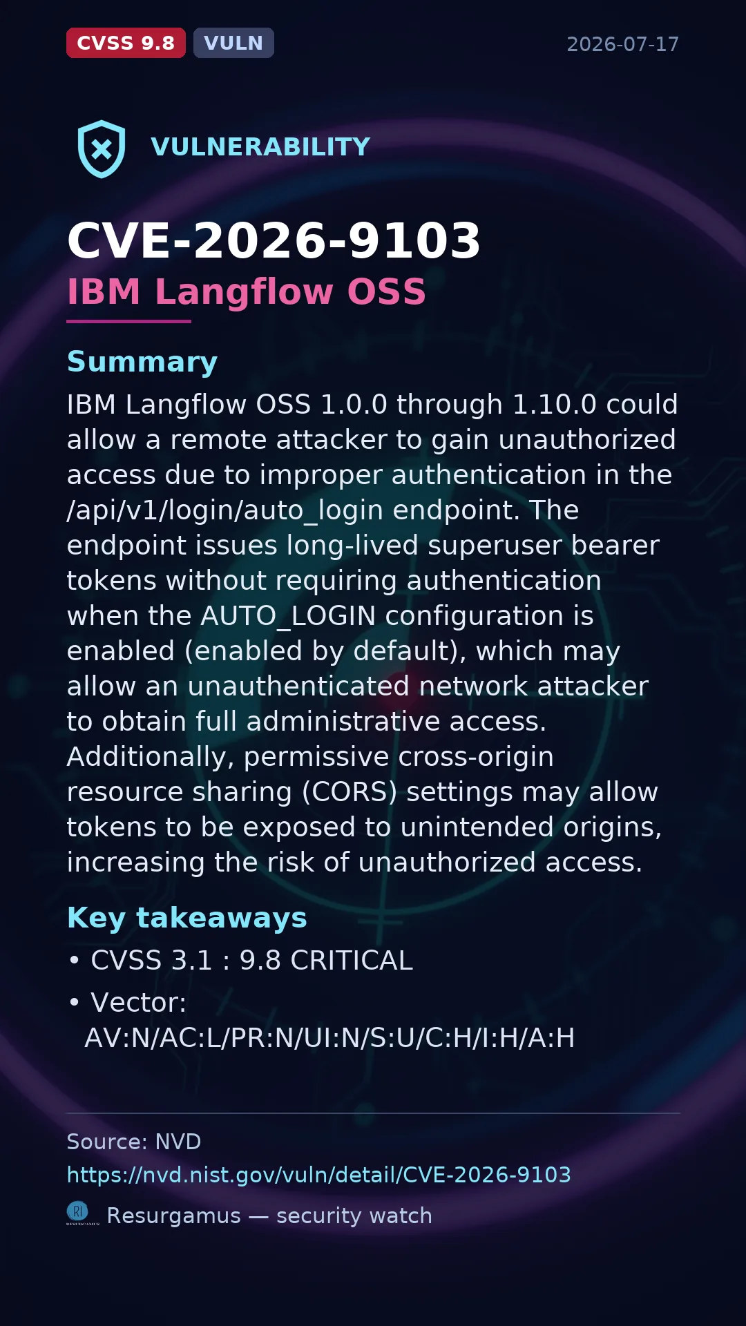 CVE-2026-9103 IBM Langflow OSS Vulnerability
