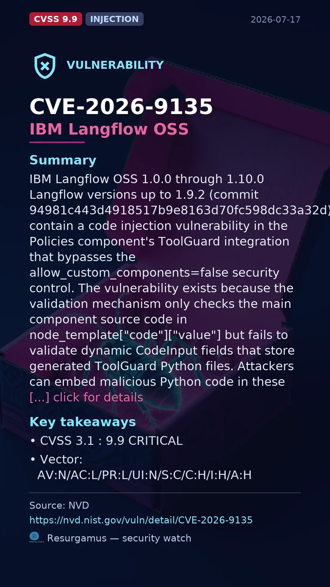 CVE-2026-9135 IBM Langflow OSS Vulnerability