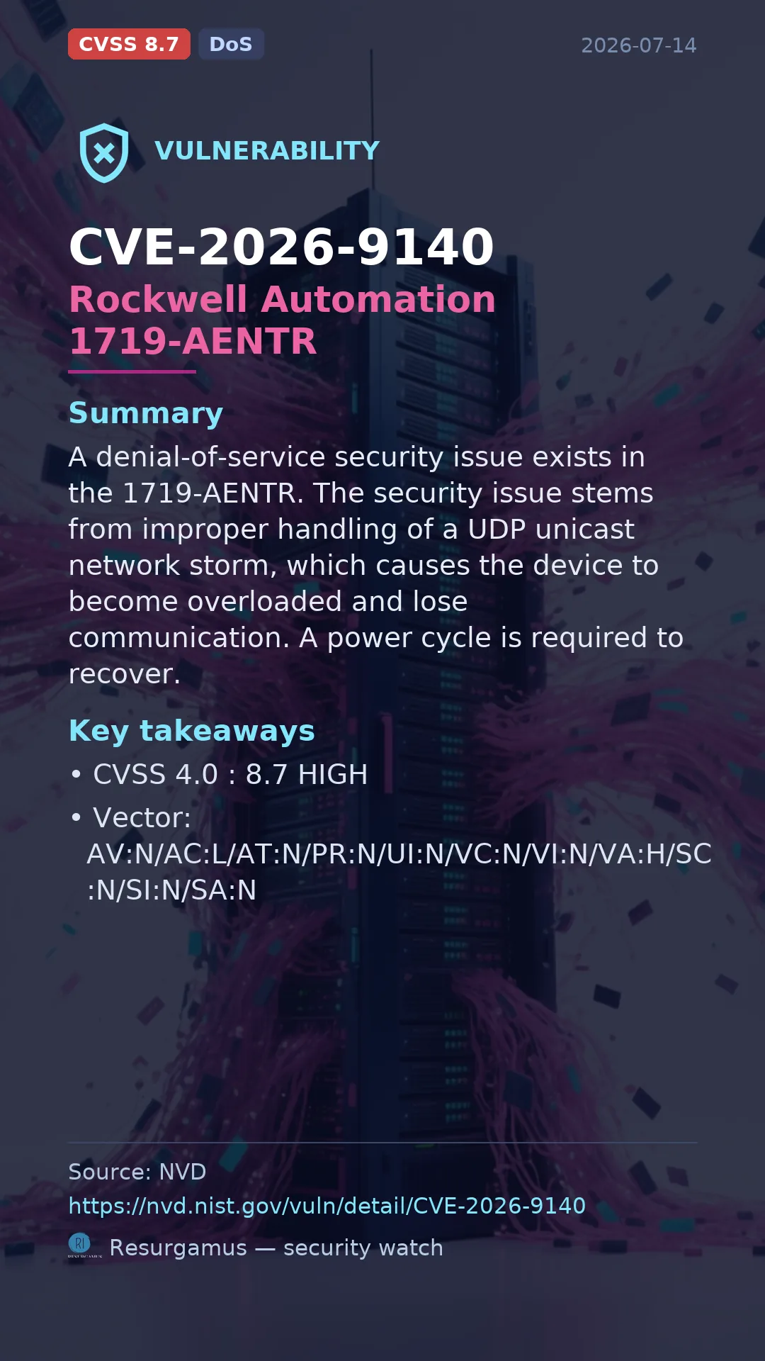 CVE-2026-9140 Rockwell Automation 1719-AENTR Vulnerability