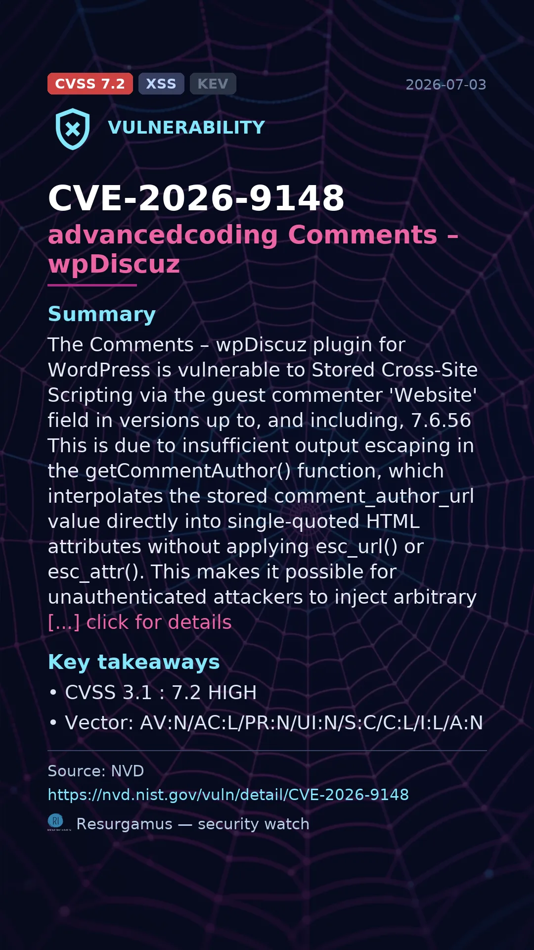 CVE-2026-9148 advancedcoding Comments – wpDiscuz Vulnerability