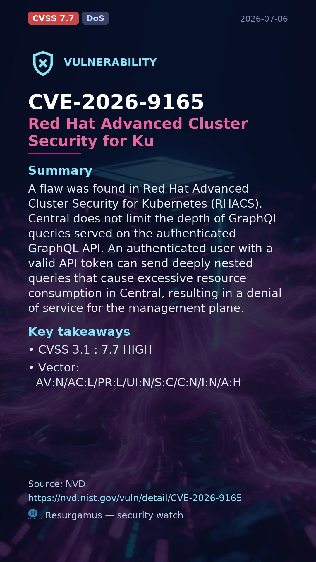 CVE-2026-9165 Red Hat Advanced Cluster Security for Ku Vulnerability