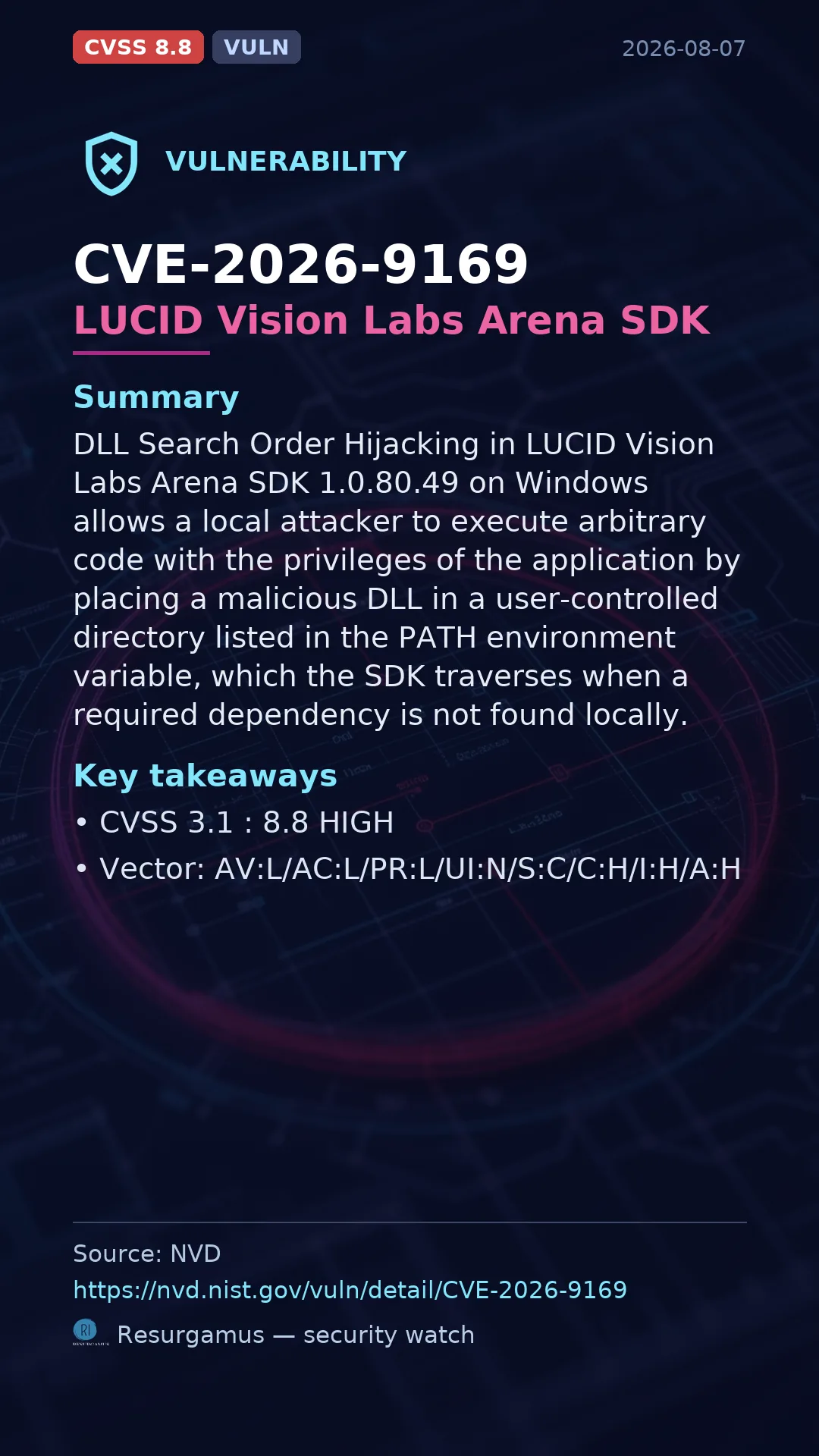 CVE-2026-9169 LUCID Vision Labs Arena SDK Vulnerability