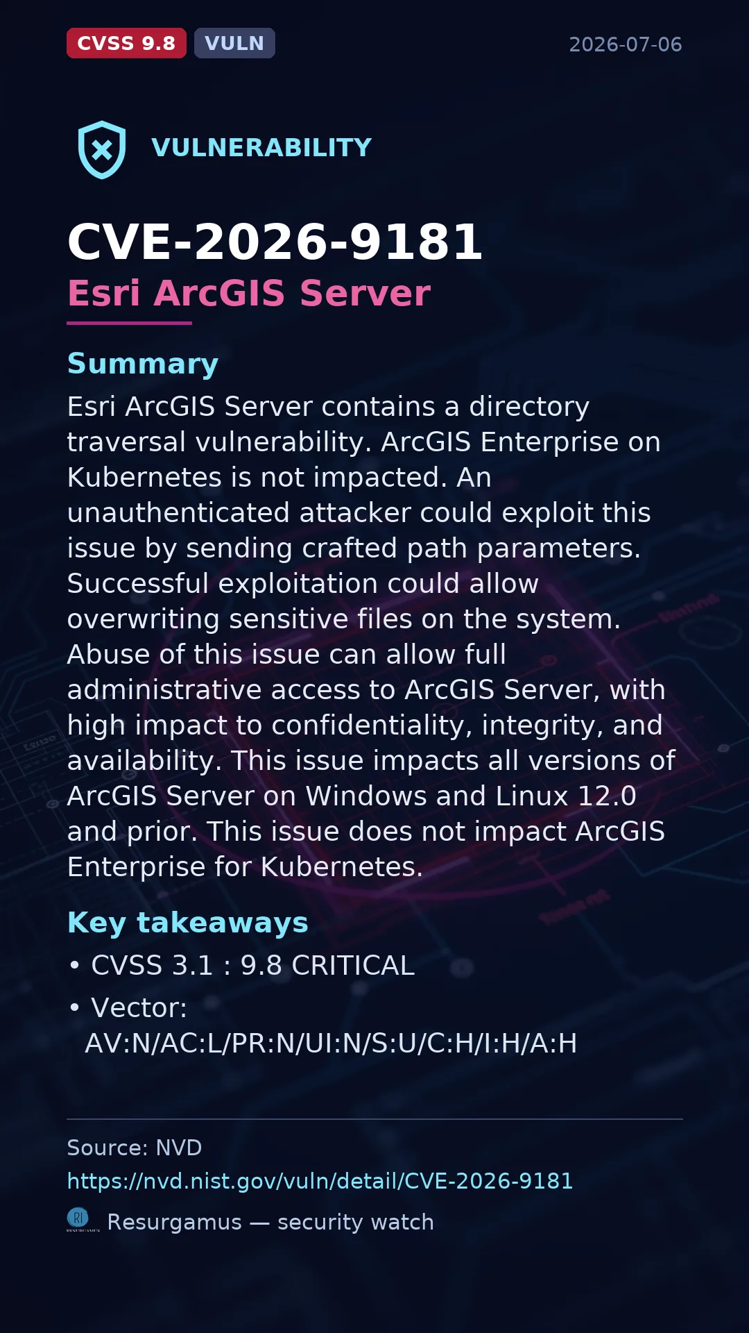 CVE-2026-9181 Esri ArcGIS Server Vulnerability