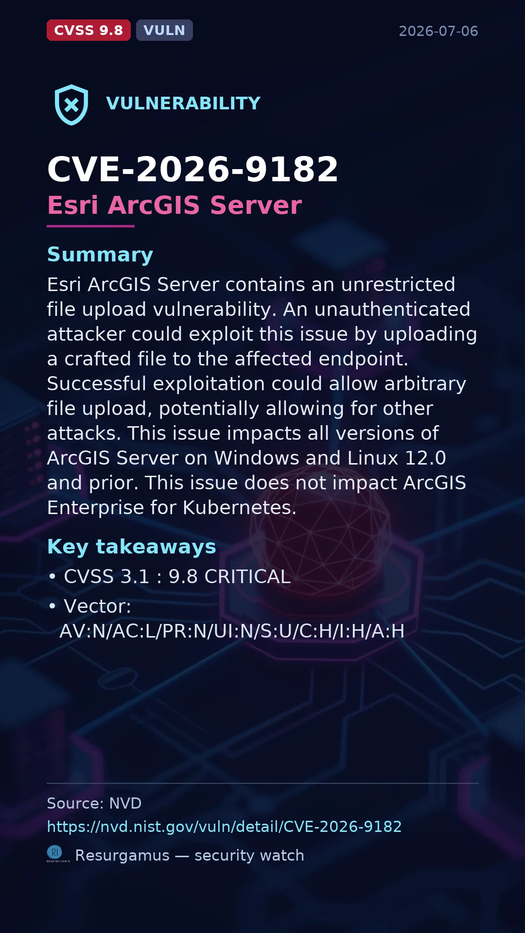 CVE-2026-9182 Esri ArcGIS Server Vulnerability