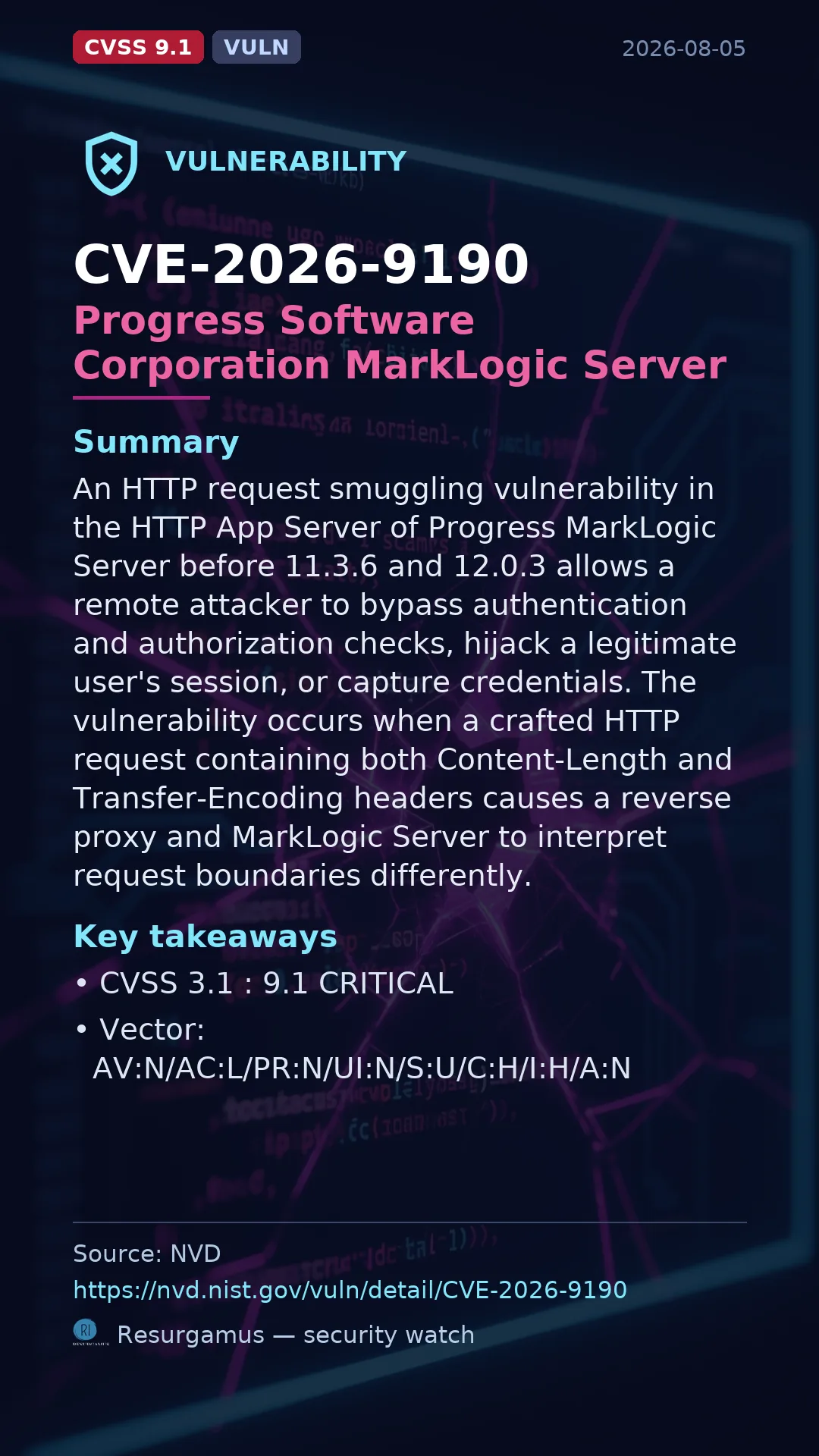 CVE-2026-9190 Progress Software Corporation MarkLogic Server Vulnerability