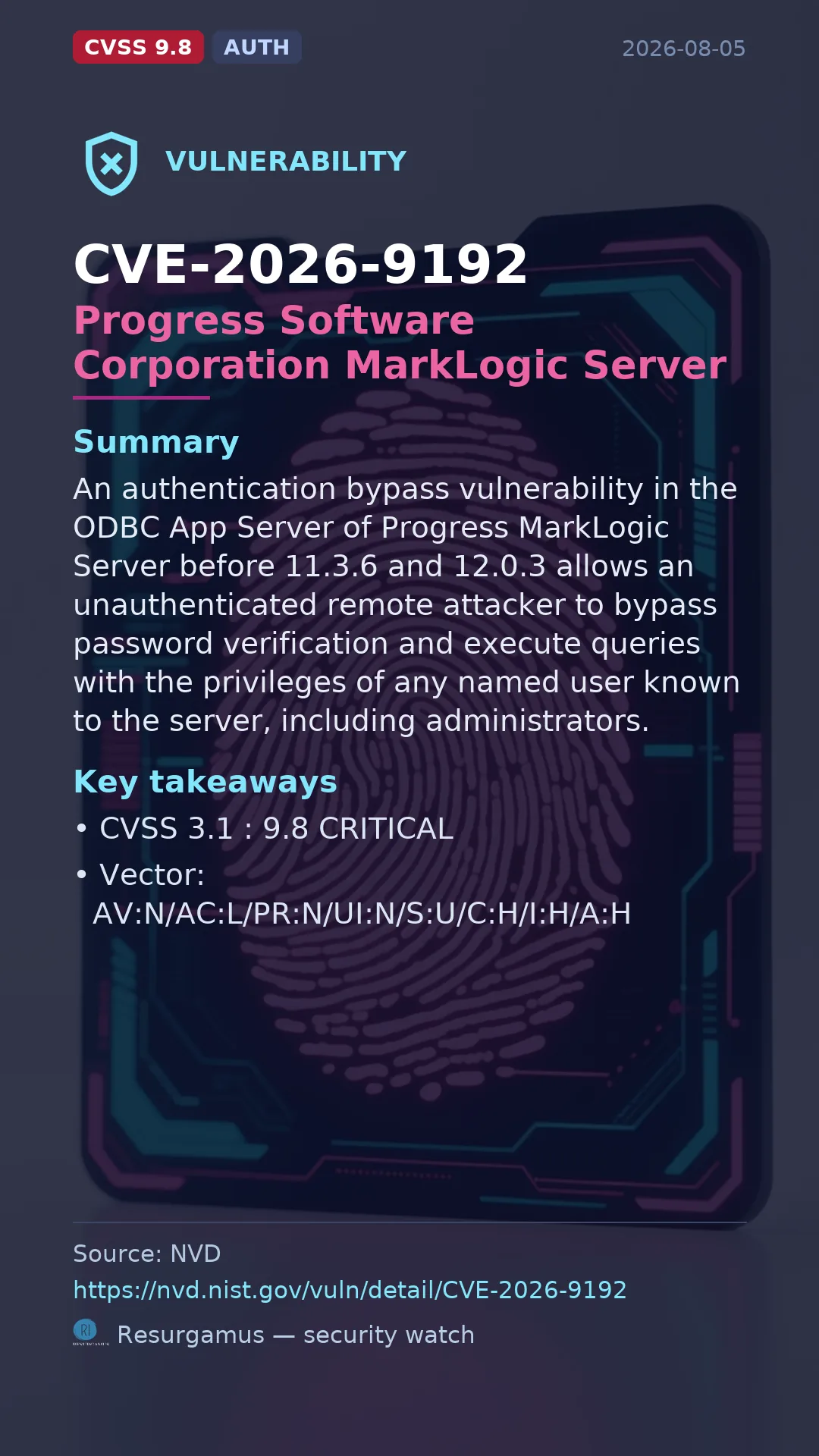 CVE-2026-9192 Progress Software Corporation MarkLogic Server Vulnerability