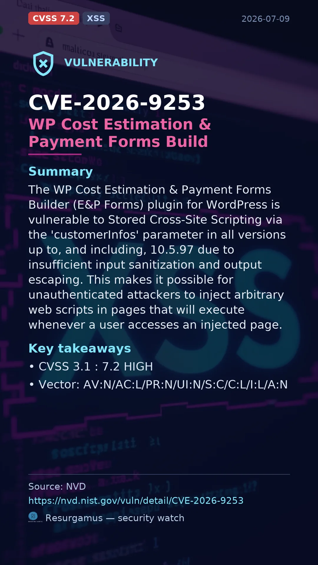 CVE-2026-9253 WP Cost Estimation & Payment Forms Build Vulnerability