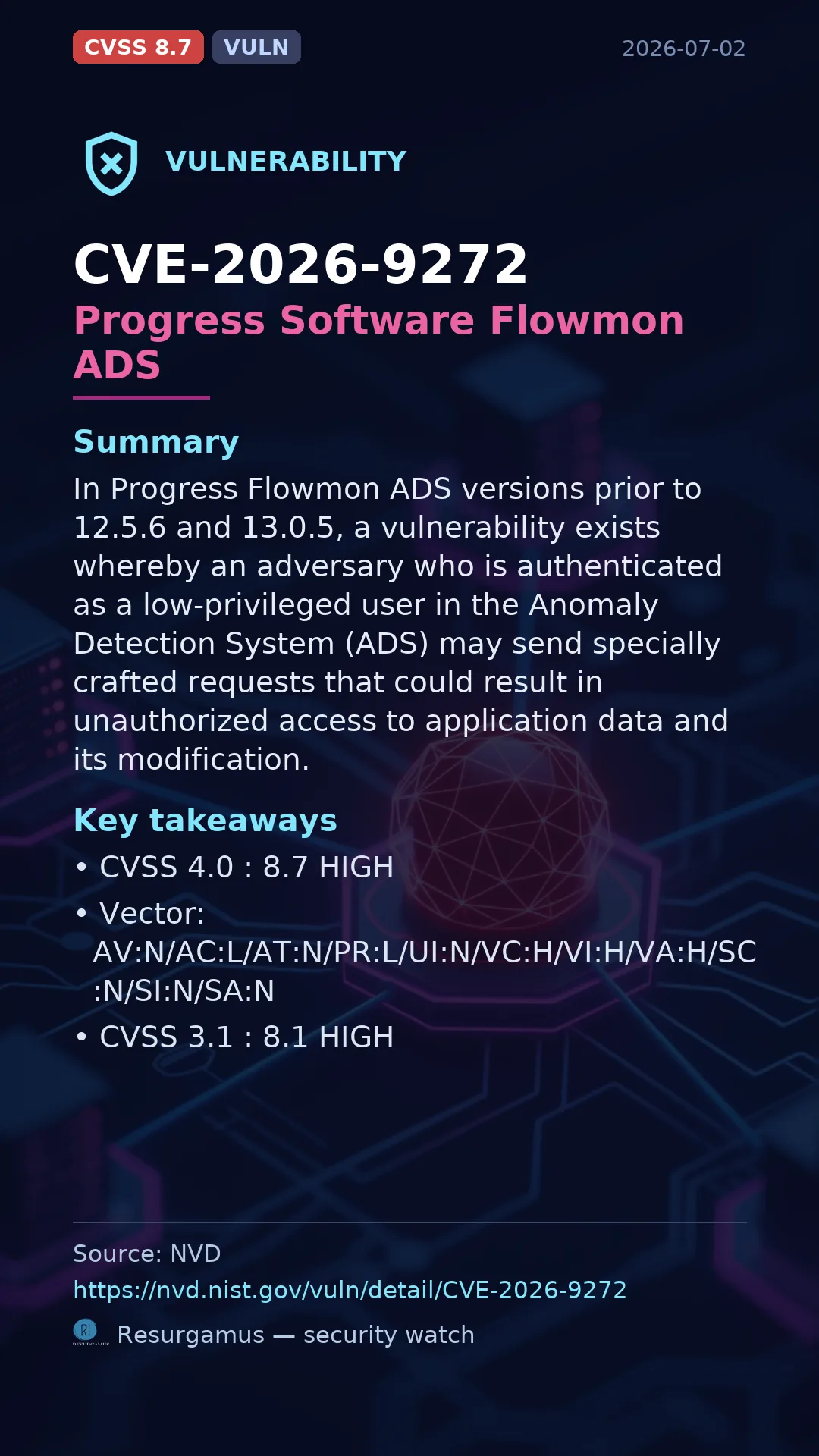 CVE-2026-9272 Progress Software Flowmon ADS Vulnerability