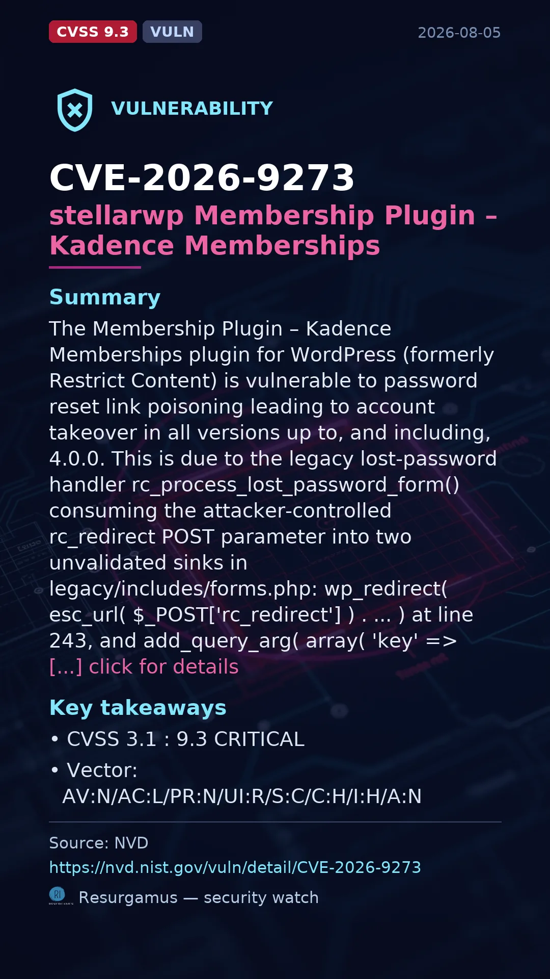 CVE-2026-9273 stellarwp Membership Plugin – Kadence Memberships Vulnerability