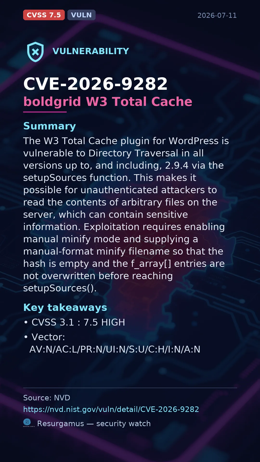CVE-2026-9282 boldgrid W3 Total Cache Vulnerability