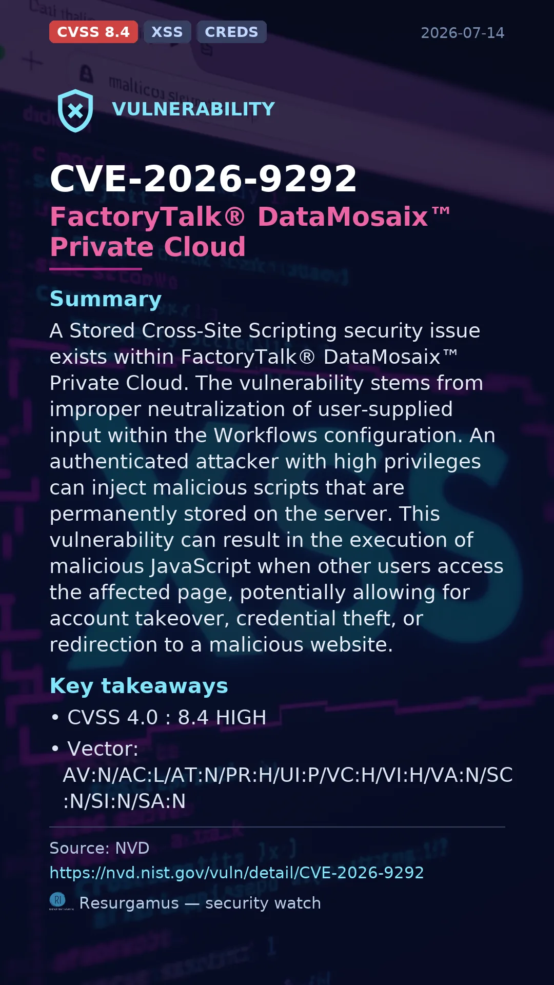 CVE-2026-9292 FactoryTalk® DataMosaix™ Private Cloud Vulnerability