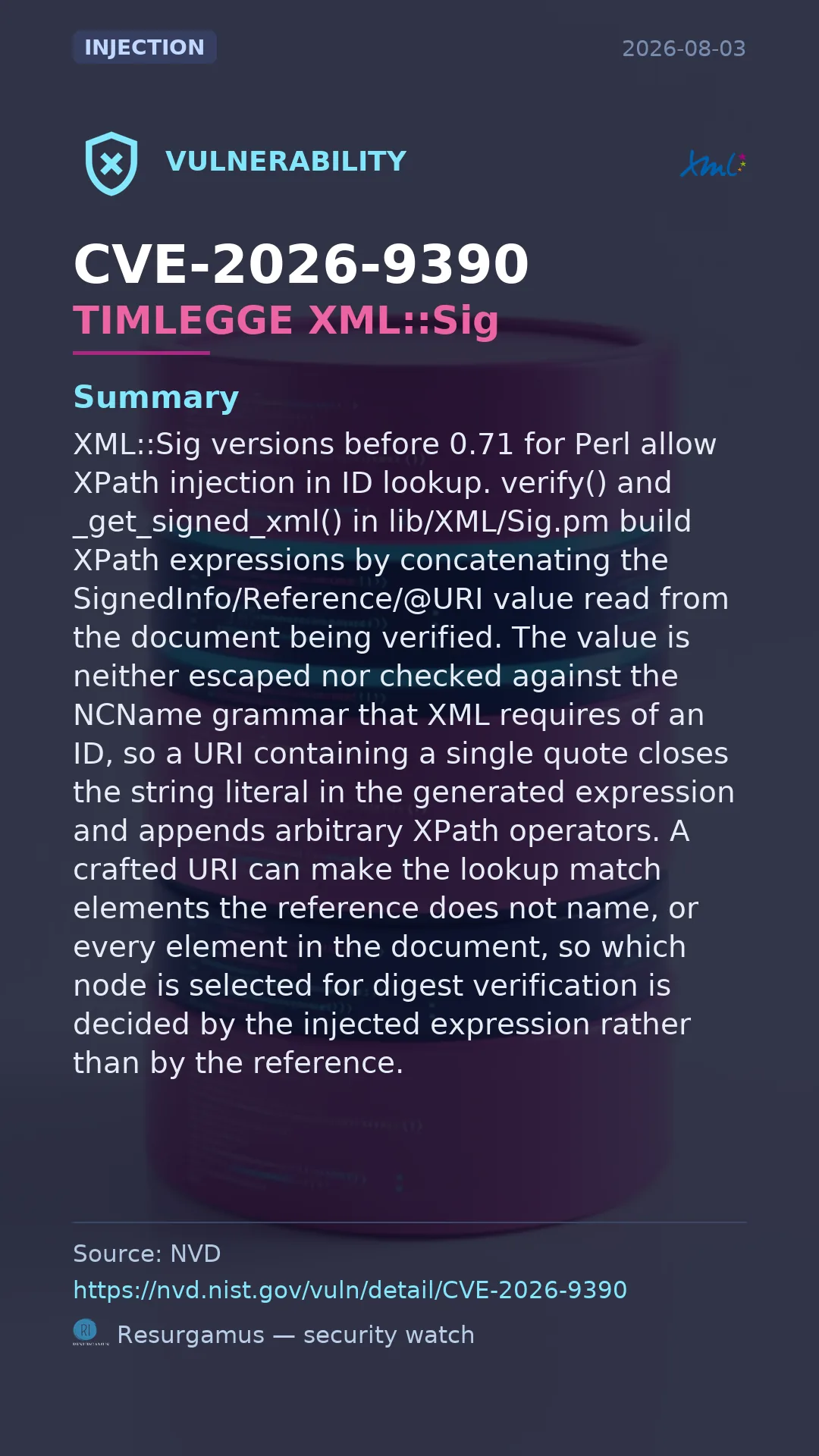 CVE-2026-9390 TIMLEGGE XML::Sig Vulnerability