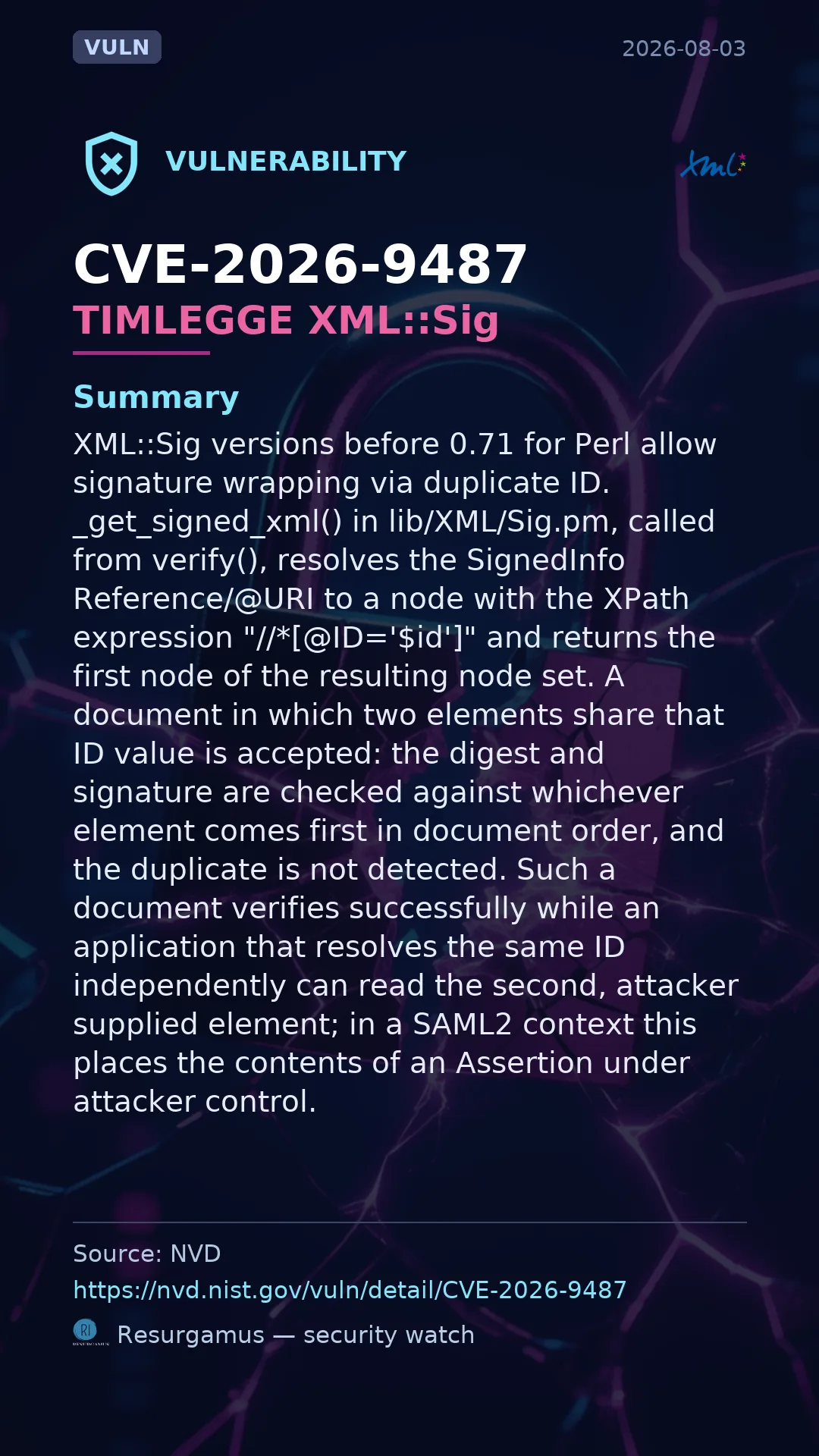 CVE-2026-9487 TIMLEGGE XML::Sig Vulnerability