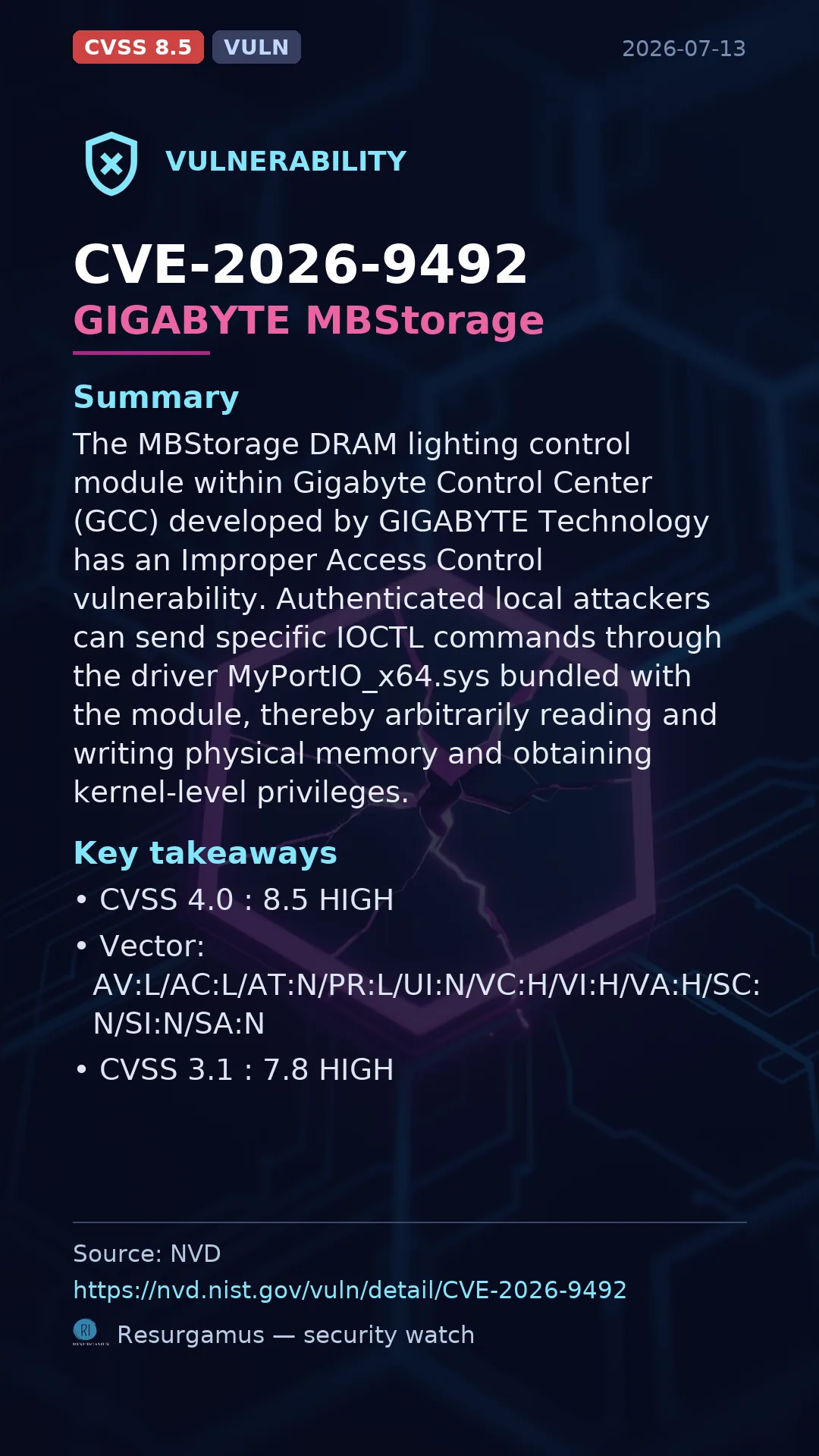 CVE-2026-9492 GIGABYTE MBStorage Vulnerability