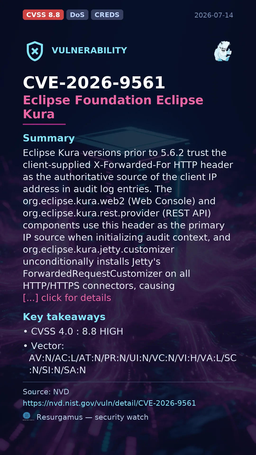 CVE-2026-9561 Eclipse Foundation Eclipse Kura Vulnerability