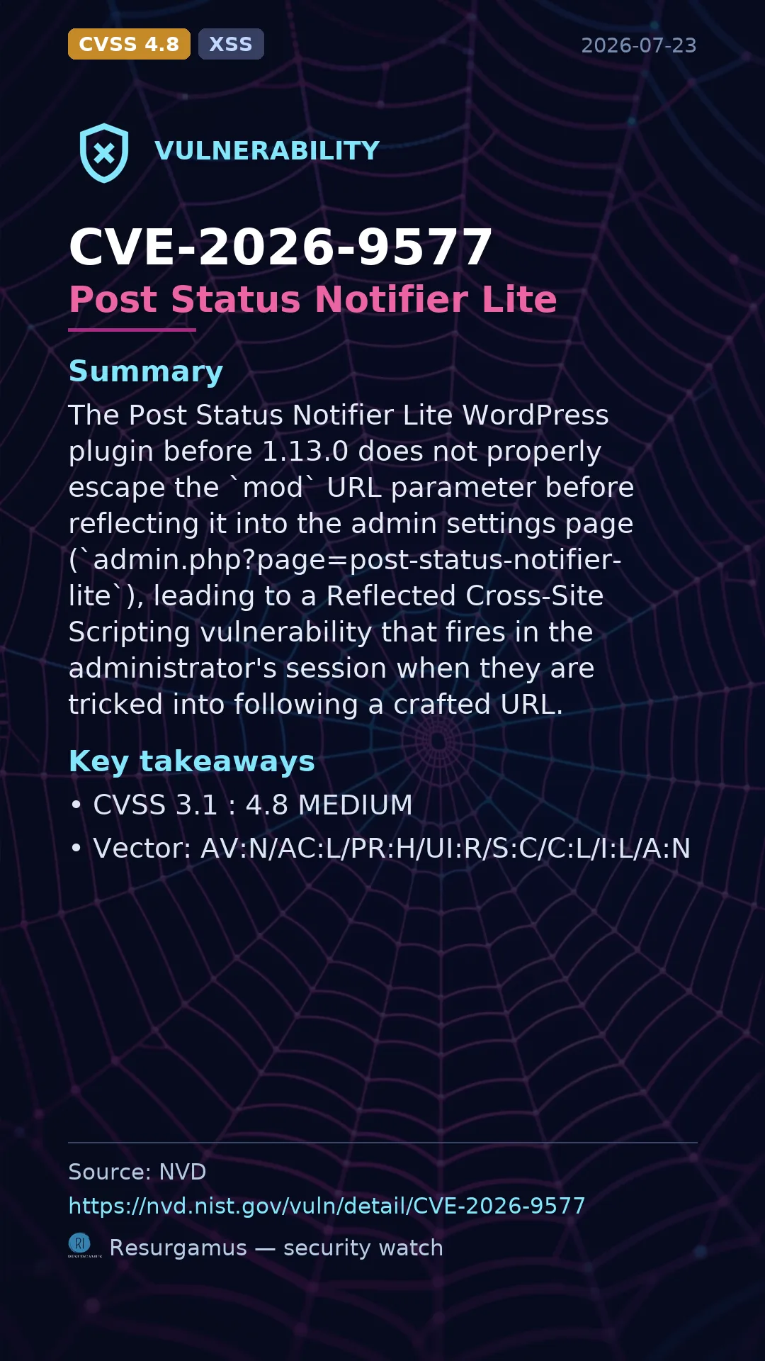 CVE-2026-9577 Post Status Notifier Lite Vulnerability