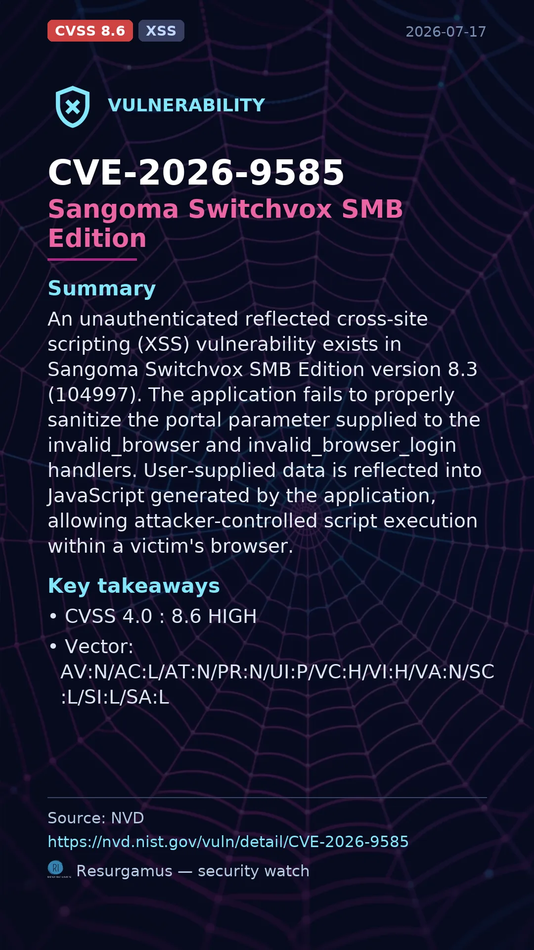 CVE-2026-9585 Sangoma Switchvox SMB Edition Vulnerability