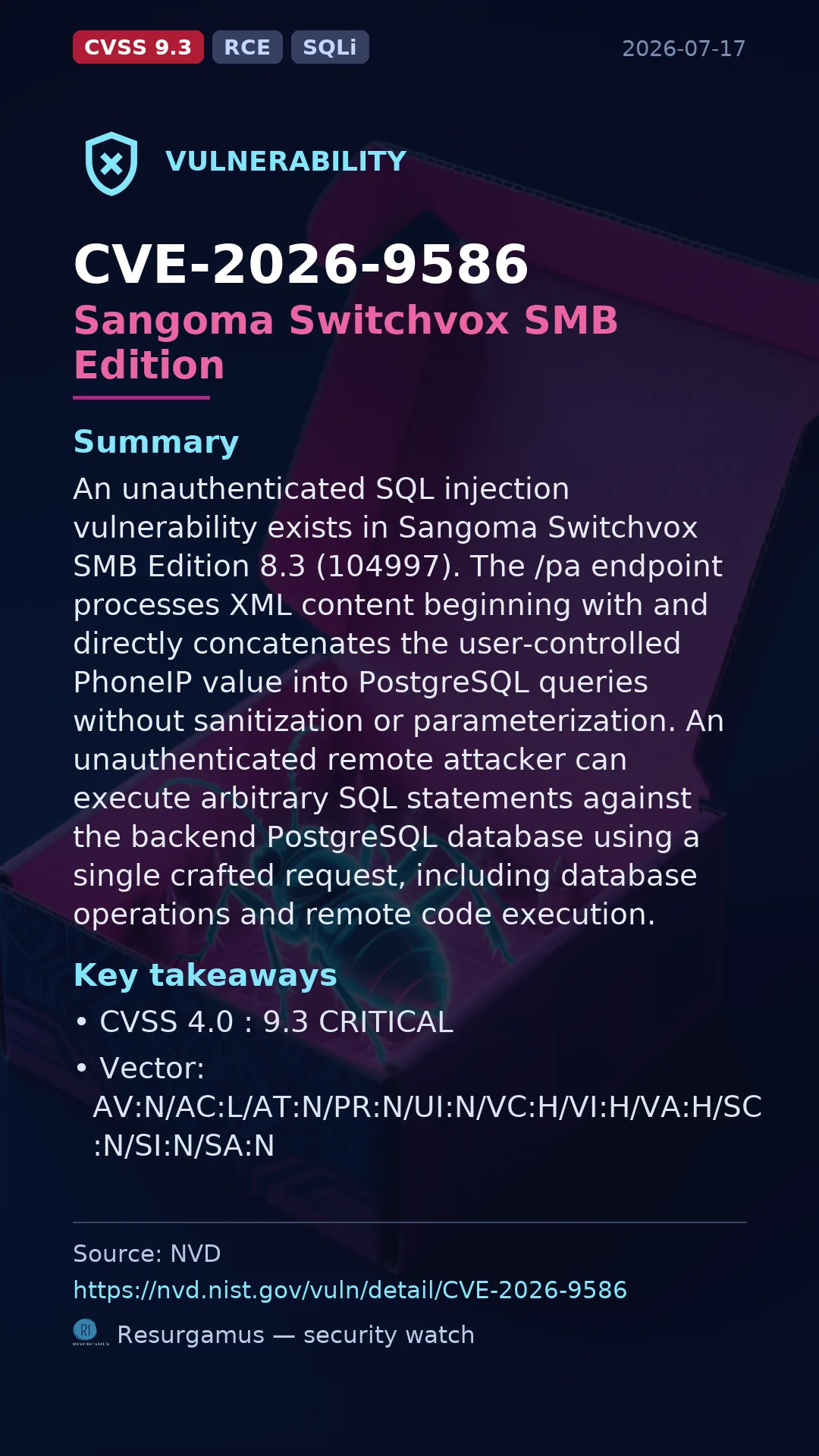 CVE-2026-9586 Sangoma Switchvox SMB Edition Vulnerability