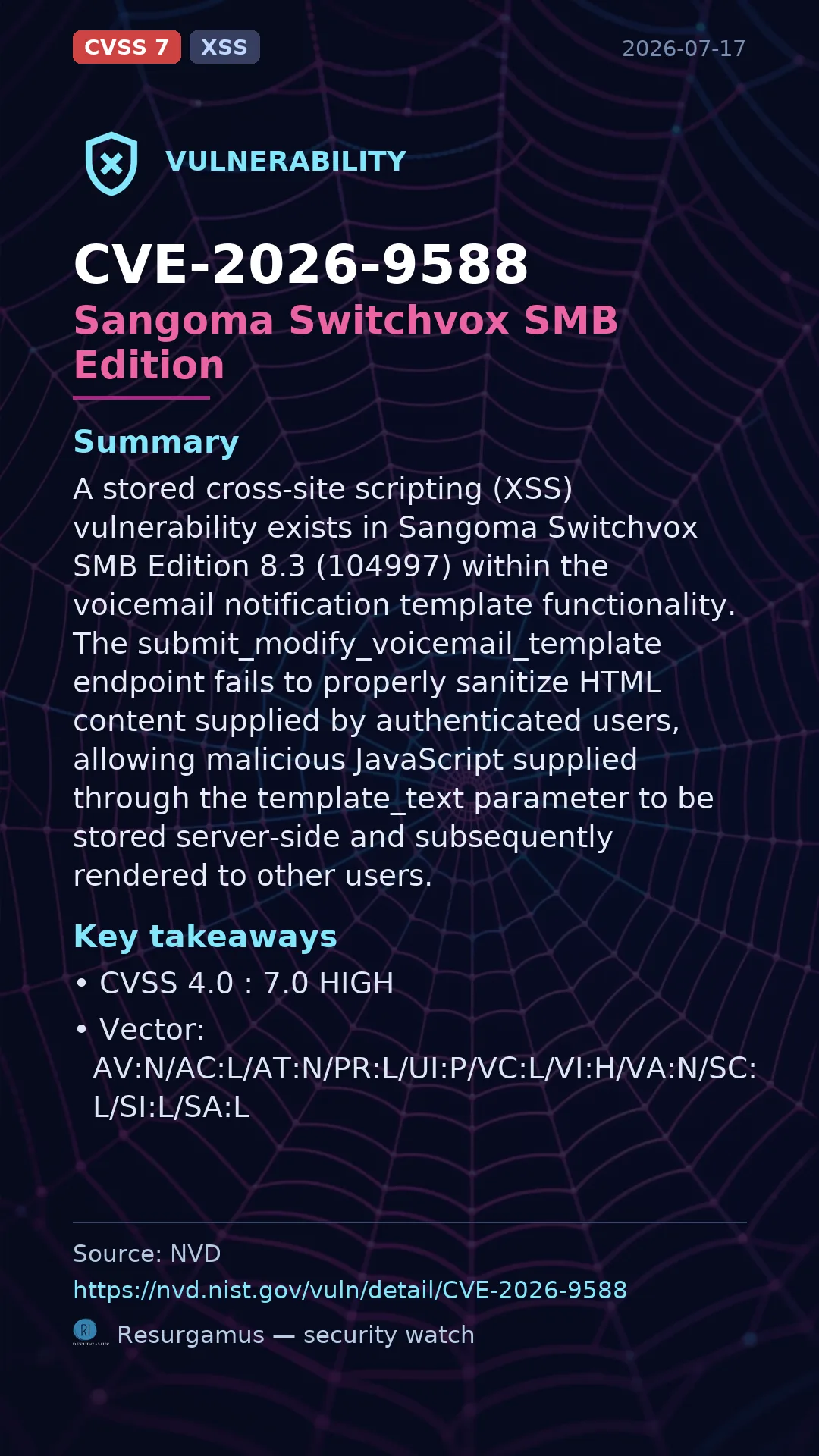 CVE-2026-9588 Sangoma Switchvox SMB Edition Vulnerability