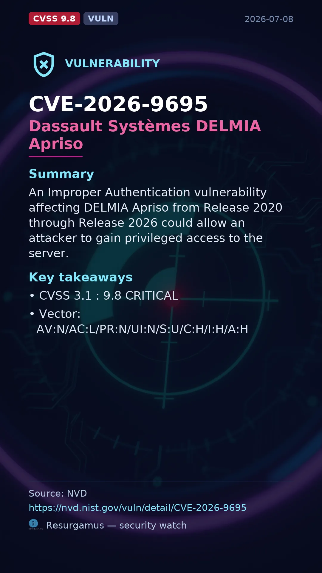 CVE-2026-9695 Dassault Systèmes DELMIA Apriso Vulnerability