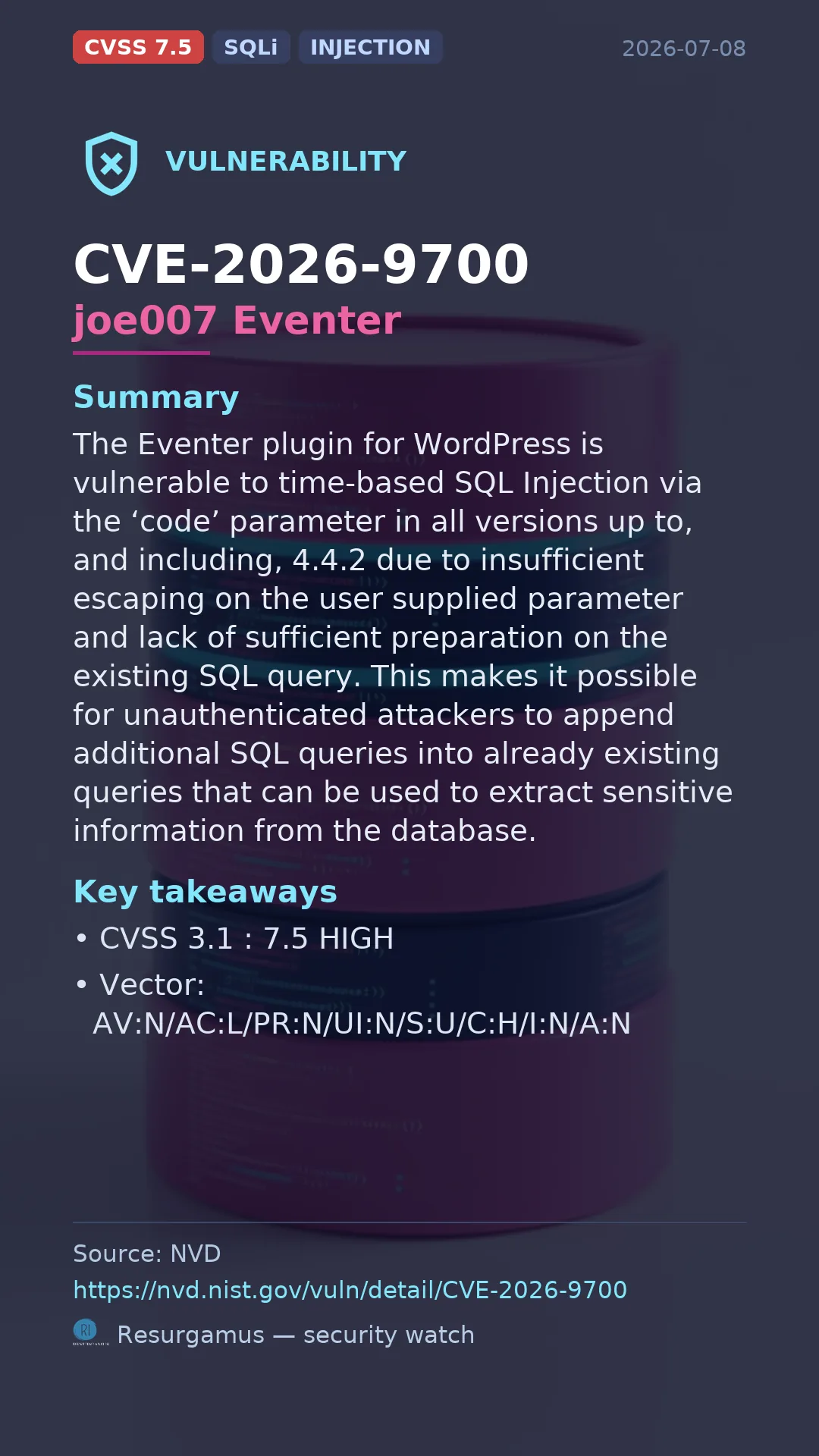 CVE-2026-9700 joe007 Eventer Vulnerability
