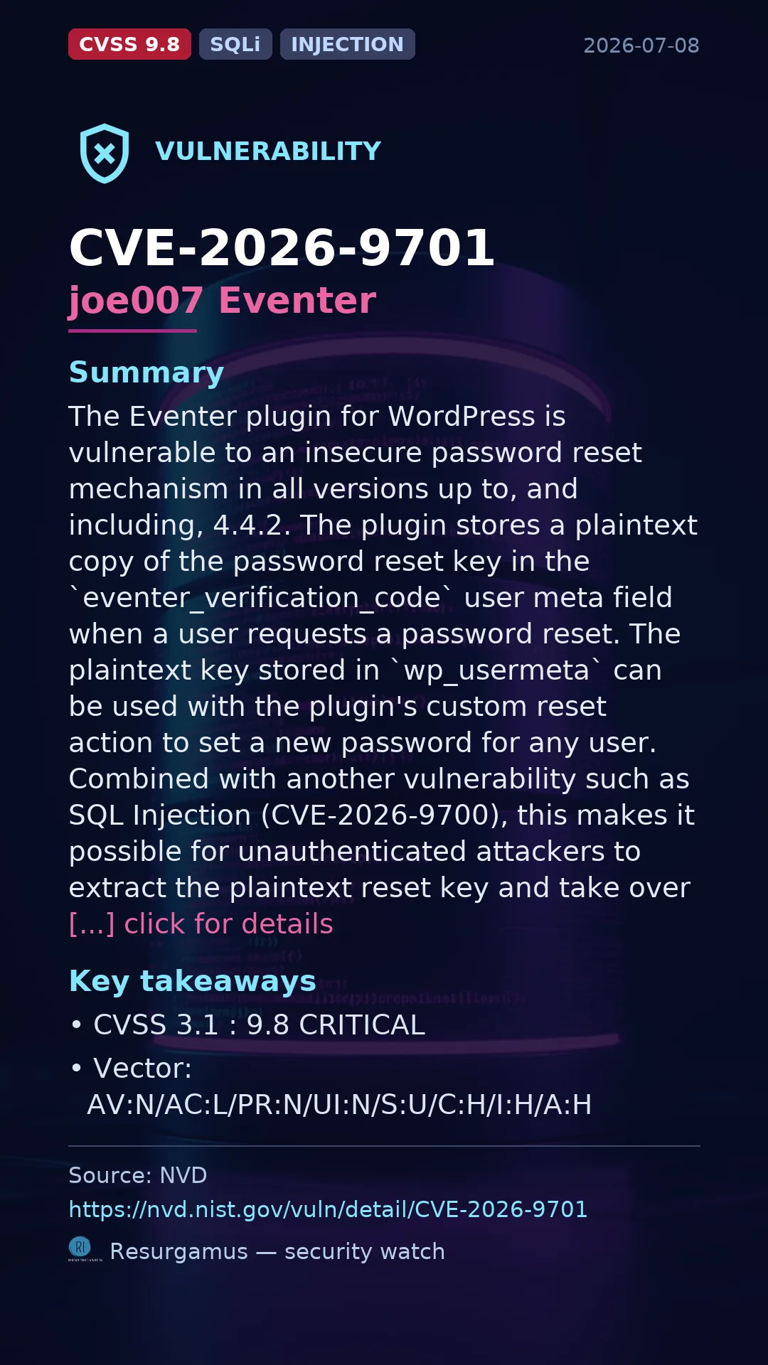 CVE-2026-9701 joe007 Eventer Vulnerability