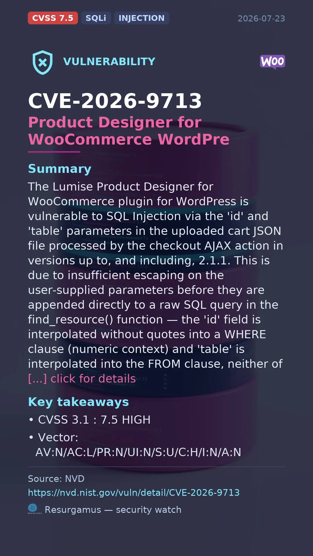 CVE-2026-9713 Product Designer for WooCommerce WordPress | Lumise Vulnerability