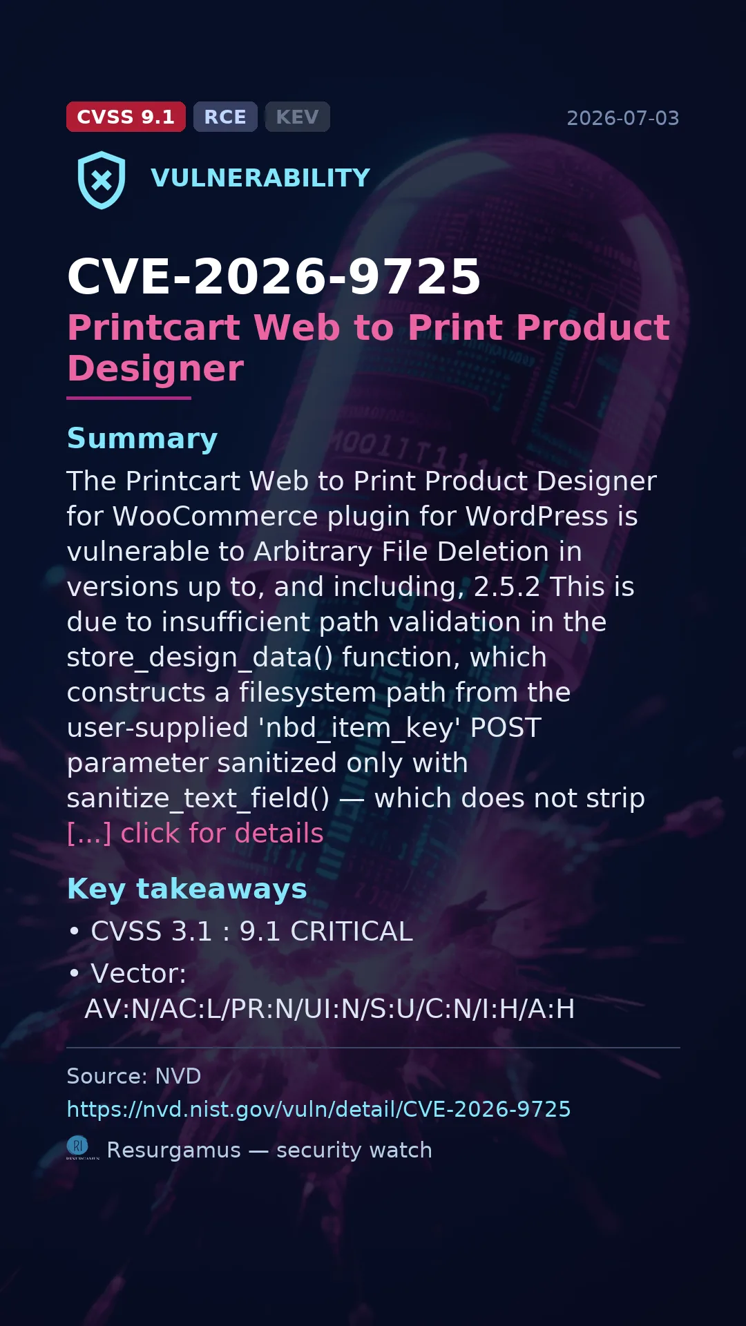 CVE-2026-9725 Printcart Web to Print Product Designer  Vulnerability
