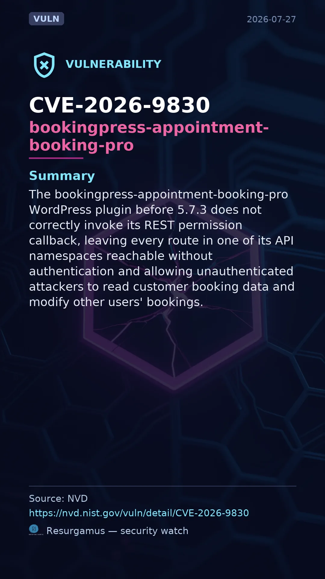 CVE-2026-9830 - bookingpress-appointment-booking-pro vulnerability