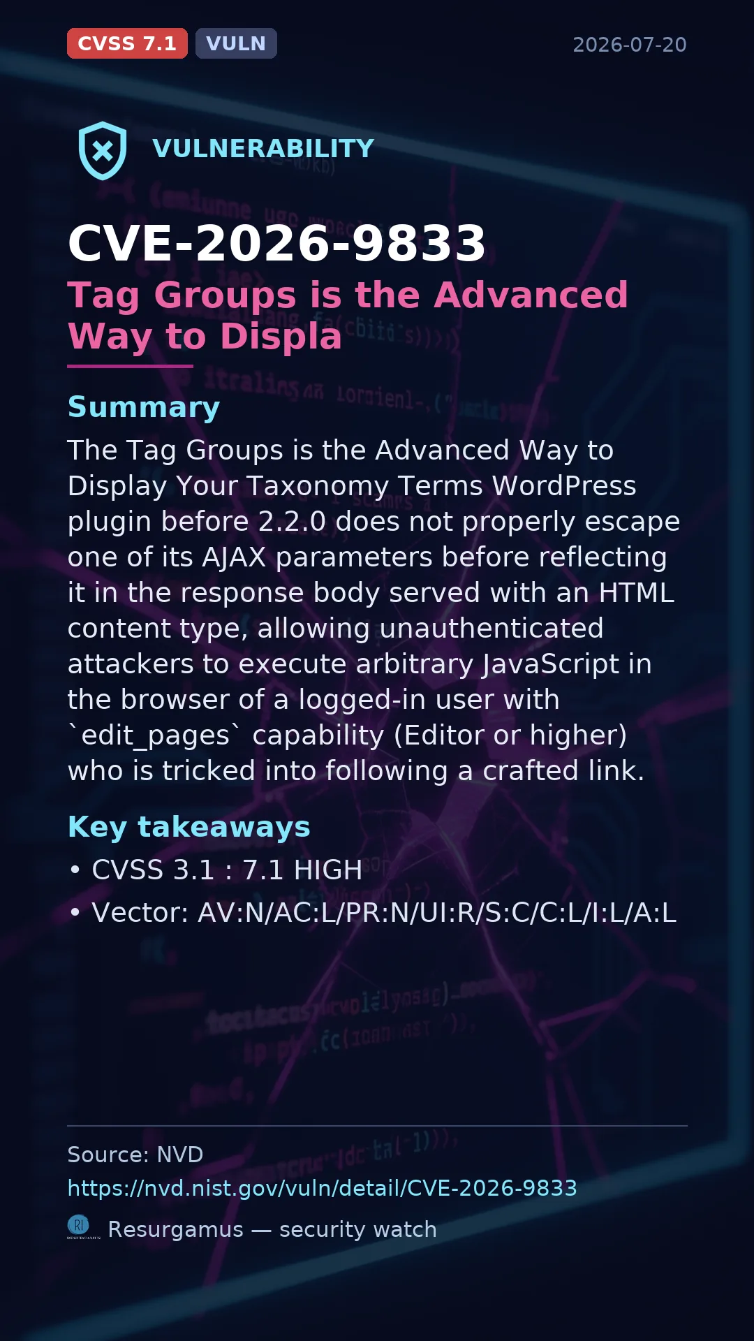 CVE-2026-9833 Tag Groups is the Advanced Way to Displa Vulnerability