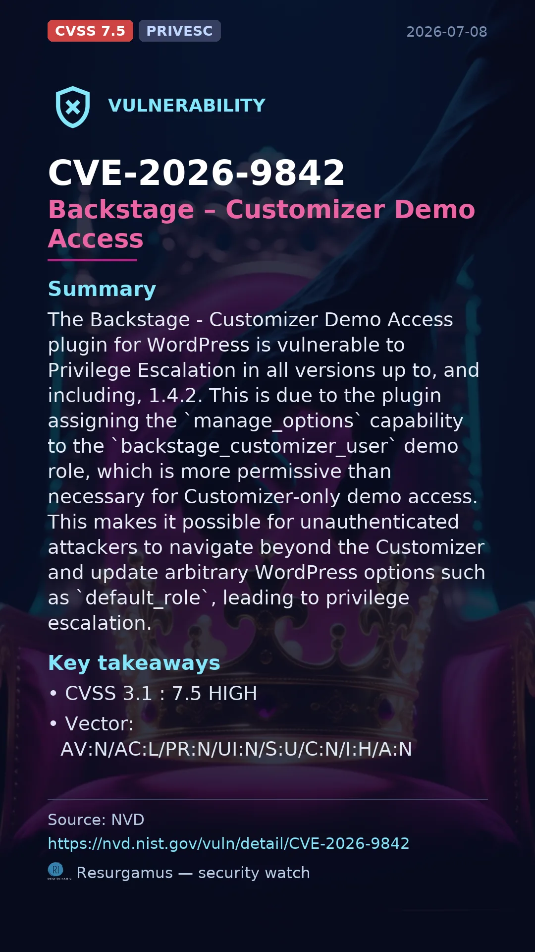 CVE-2026-9842 Backstage – Customizer Demo Access Vulnerability