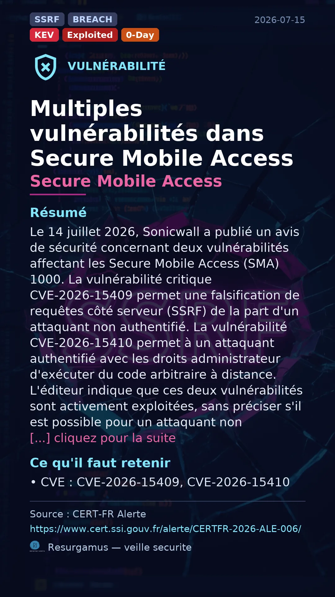 CVE-2026-15409 - Secure Mobile Access - actively exploited (KEV) vulnerability