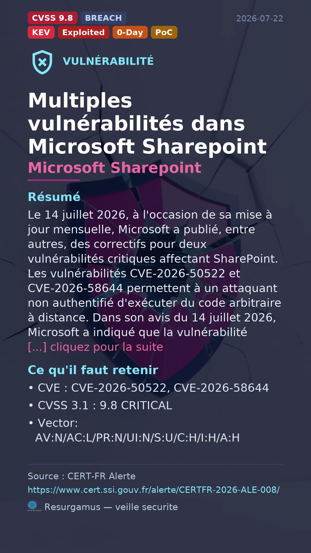 CVE-2026-50522 - Microsoft Sharepoint - actively exploited (KEV) vulnerability