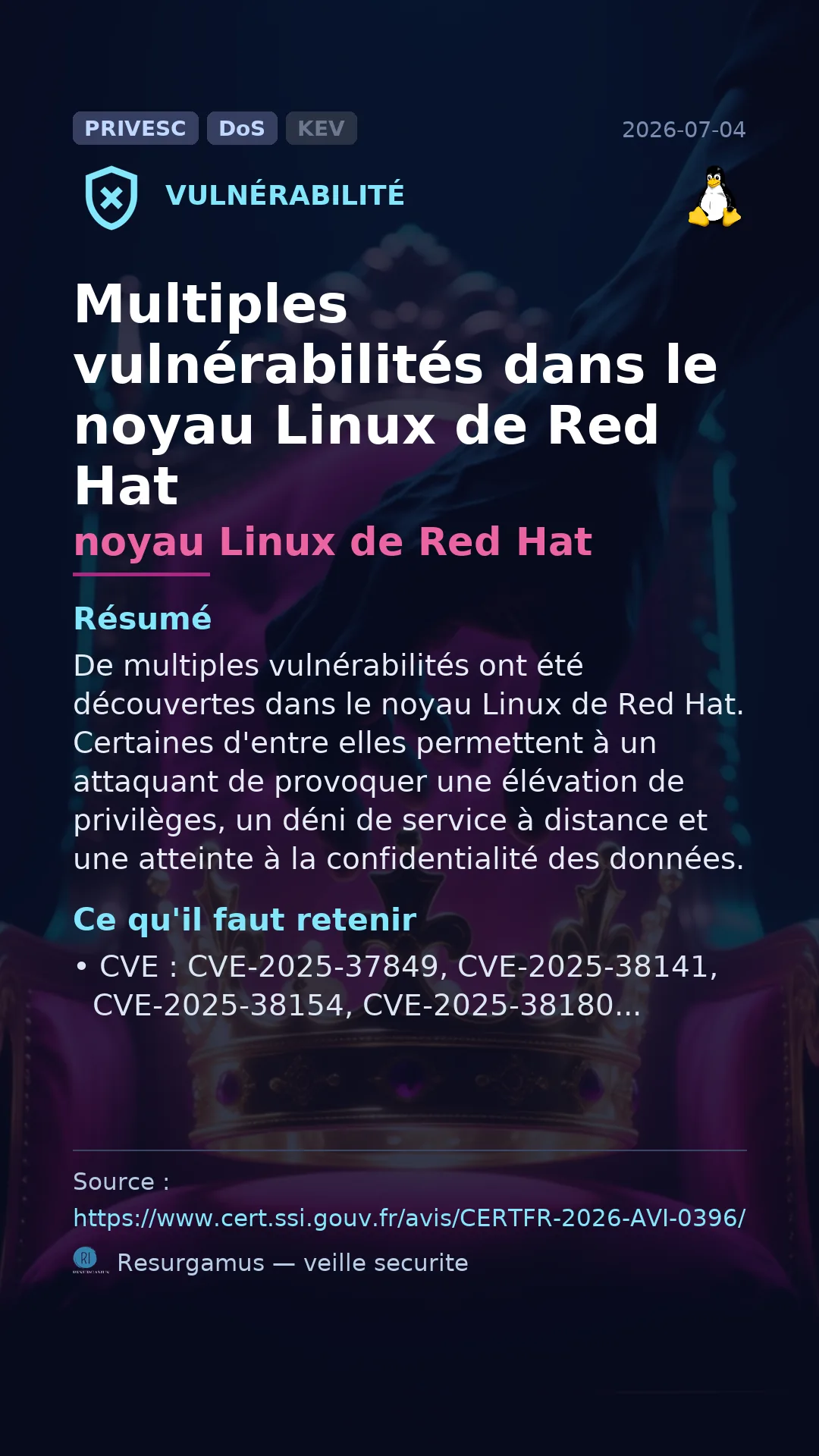 CVE-2025-37849 noyau Linux de Red Hat Vulnerability