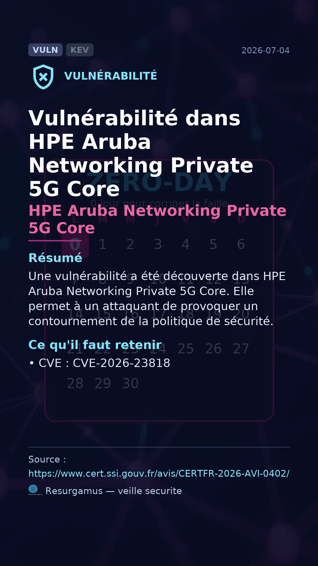CVE-2026-23818 HPE Aruba Networking Private 5G Core Vulnerability