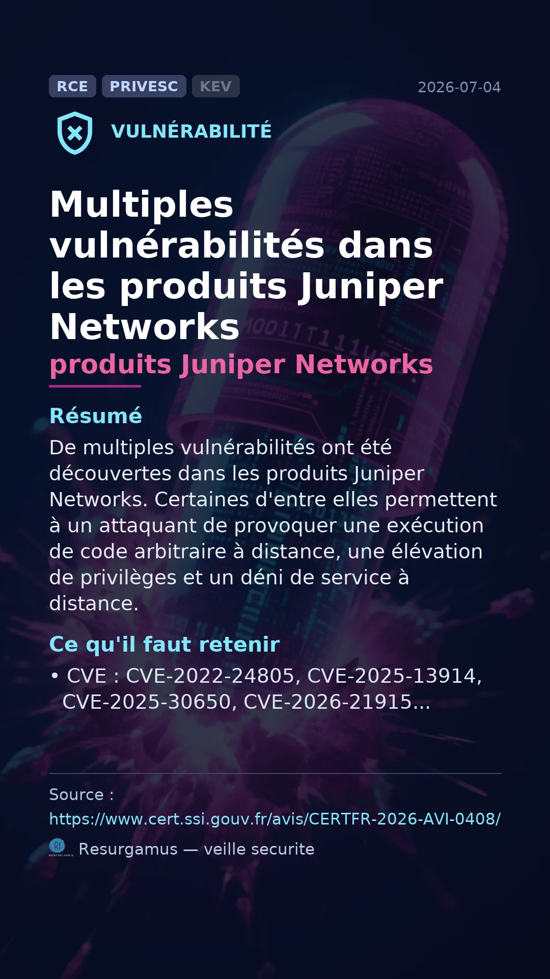 CVE-2022-24805 produits Juniper Networks Vulnerability