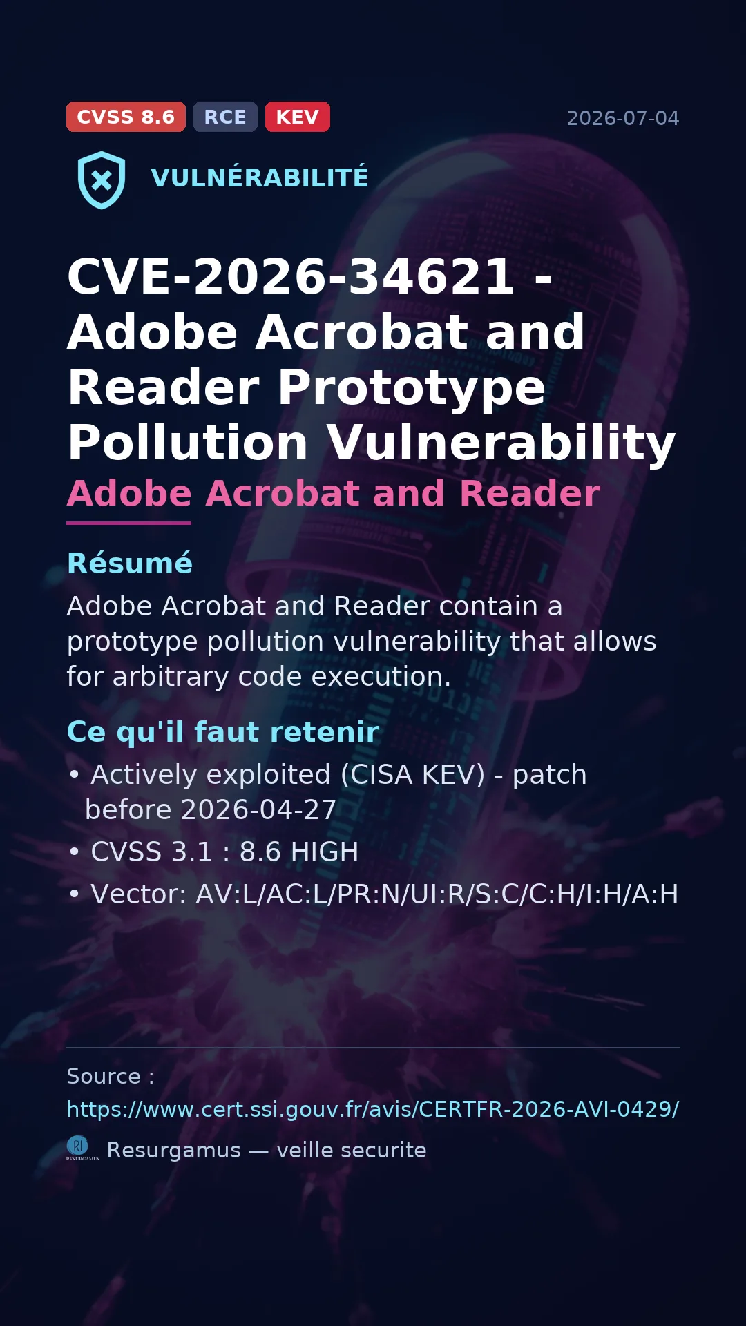 CVE-2026-34621 - Adobe Acrobat and Reader - actively exploited (KEV) vulnerability
