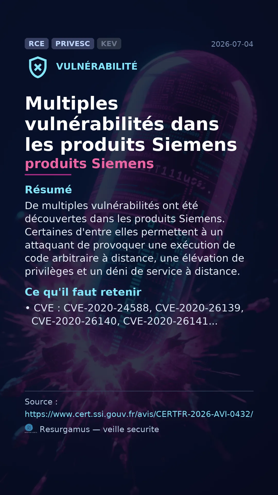 CVE-2020-24588 produits Siemens Vulnerability