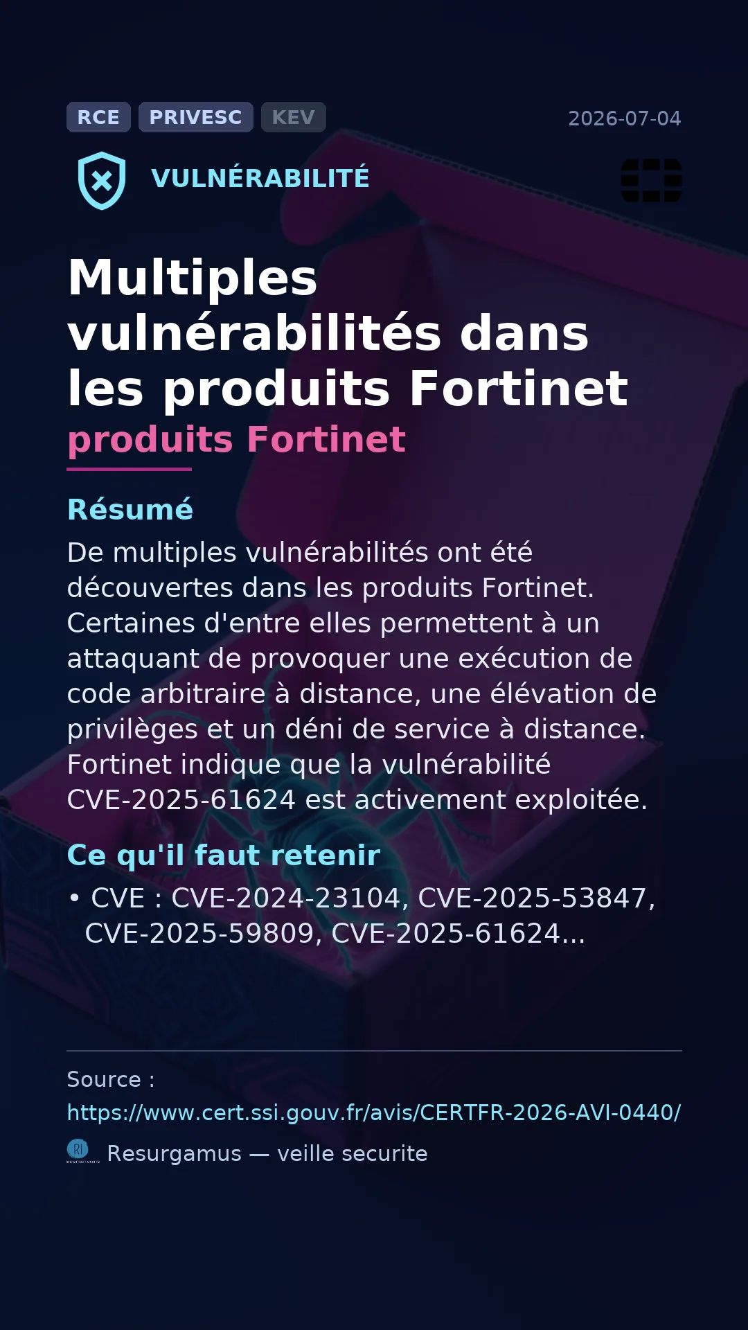 CVE-2024-23104 produits Fortinet Vulnerability