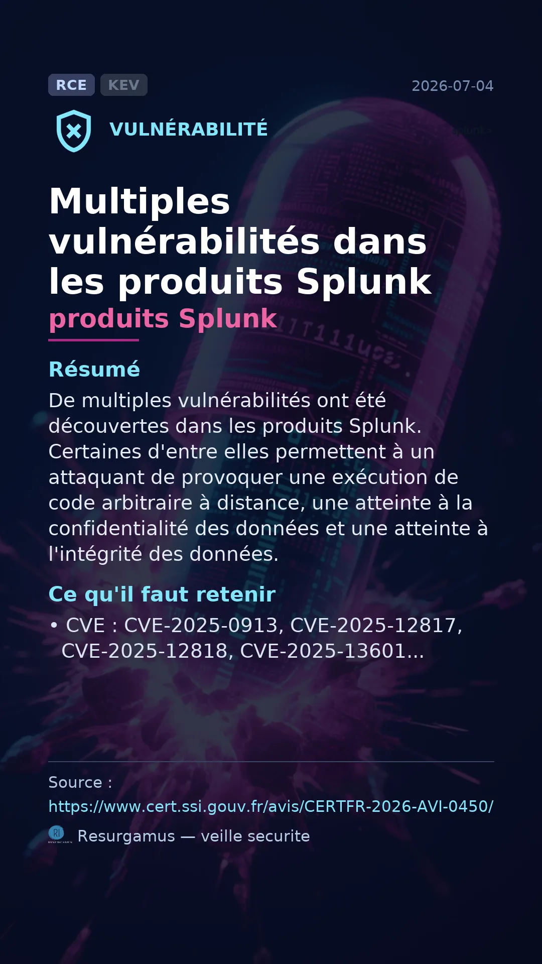 CVE-2025-0913 produits Splunk Vulnerability