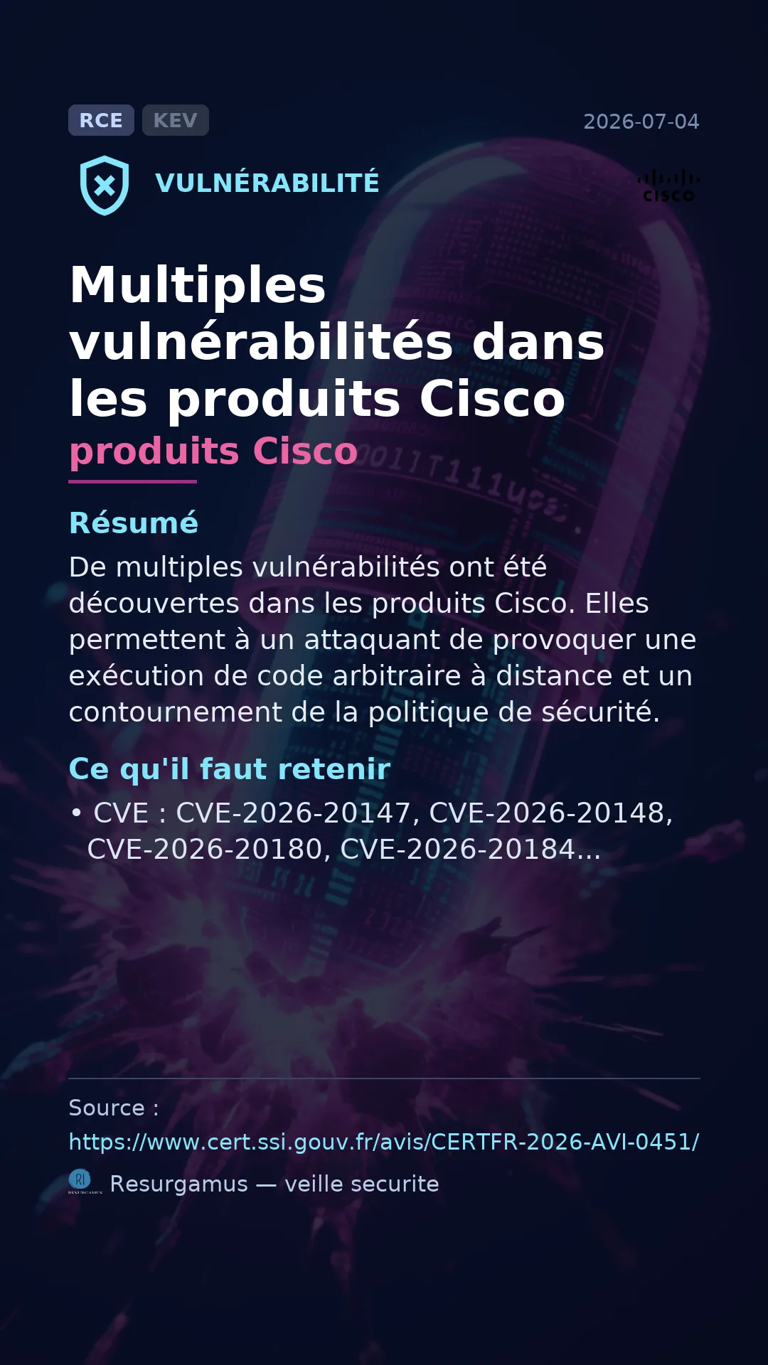 CVE-2026-20147 produits Cisco Vulnerability