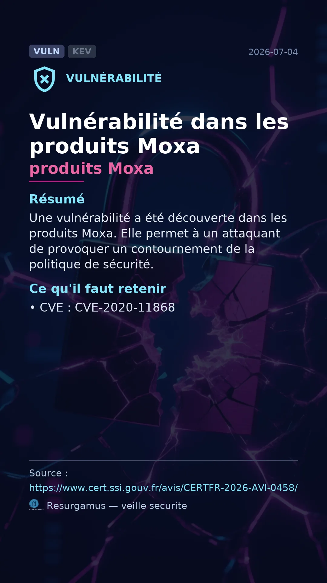 CVE-2020-11868 produits Moxa Vulnerability