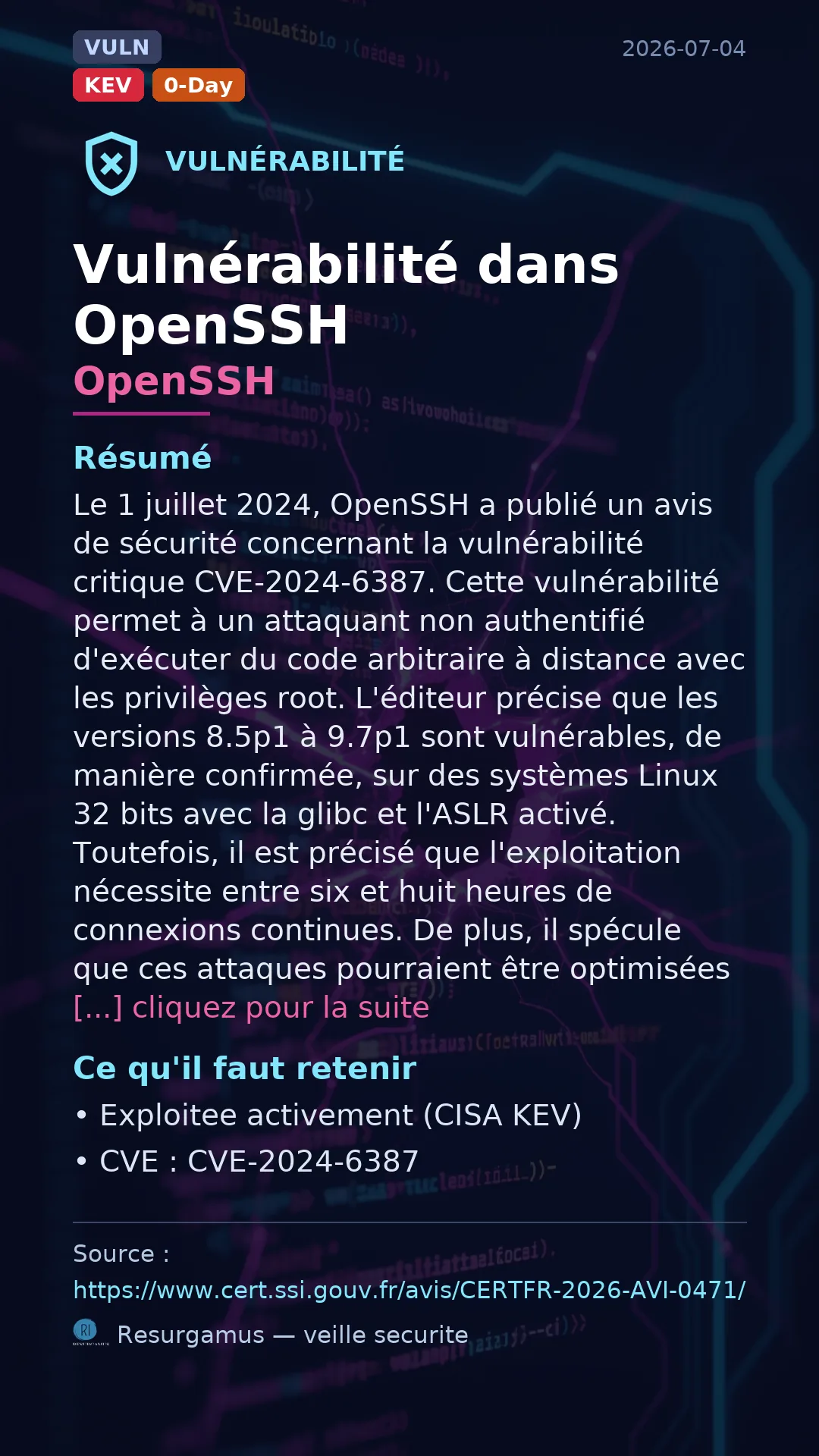 CVE-2024-6387 - OpenSSH - actively exploited (KEV) vulnerability