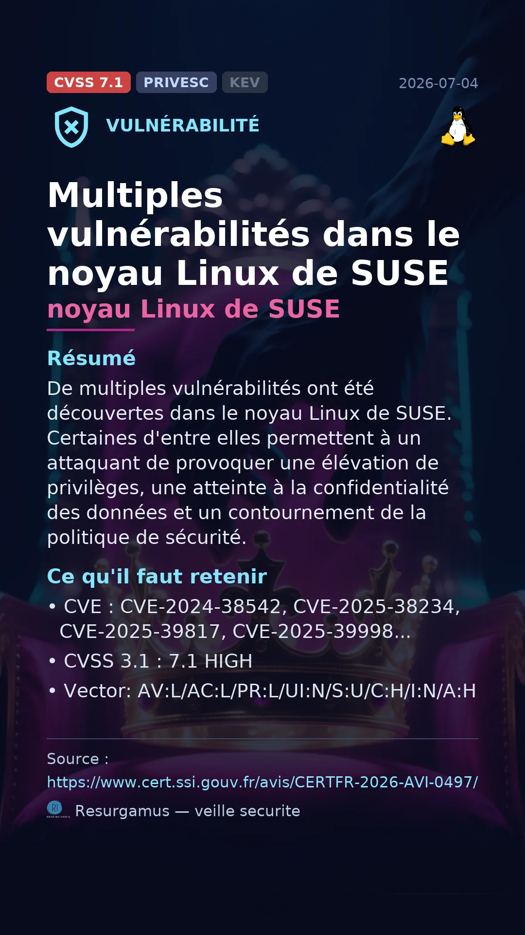CVE-2024-38542 noyau Linux de SUSE Vulnerability