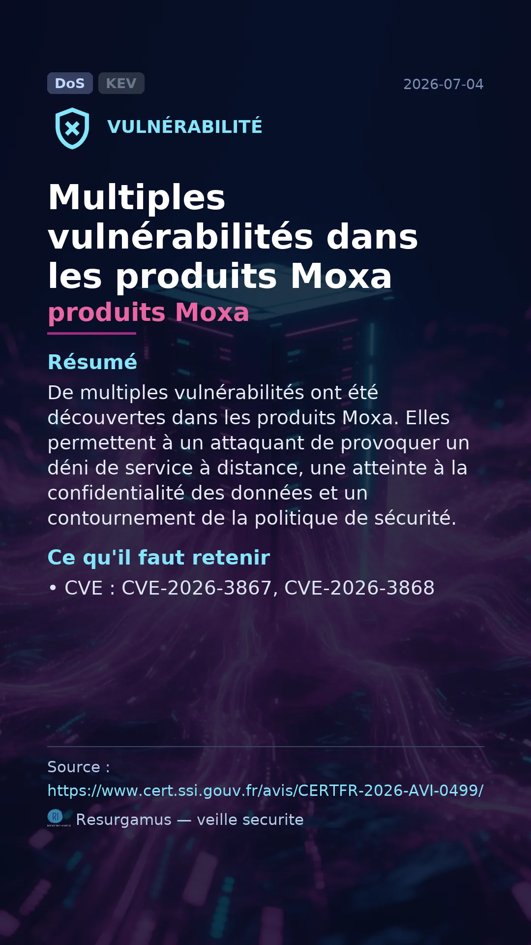CVE-2026-3867 produits Moxa Vulnerability